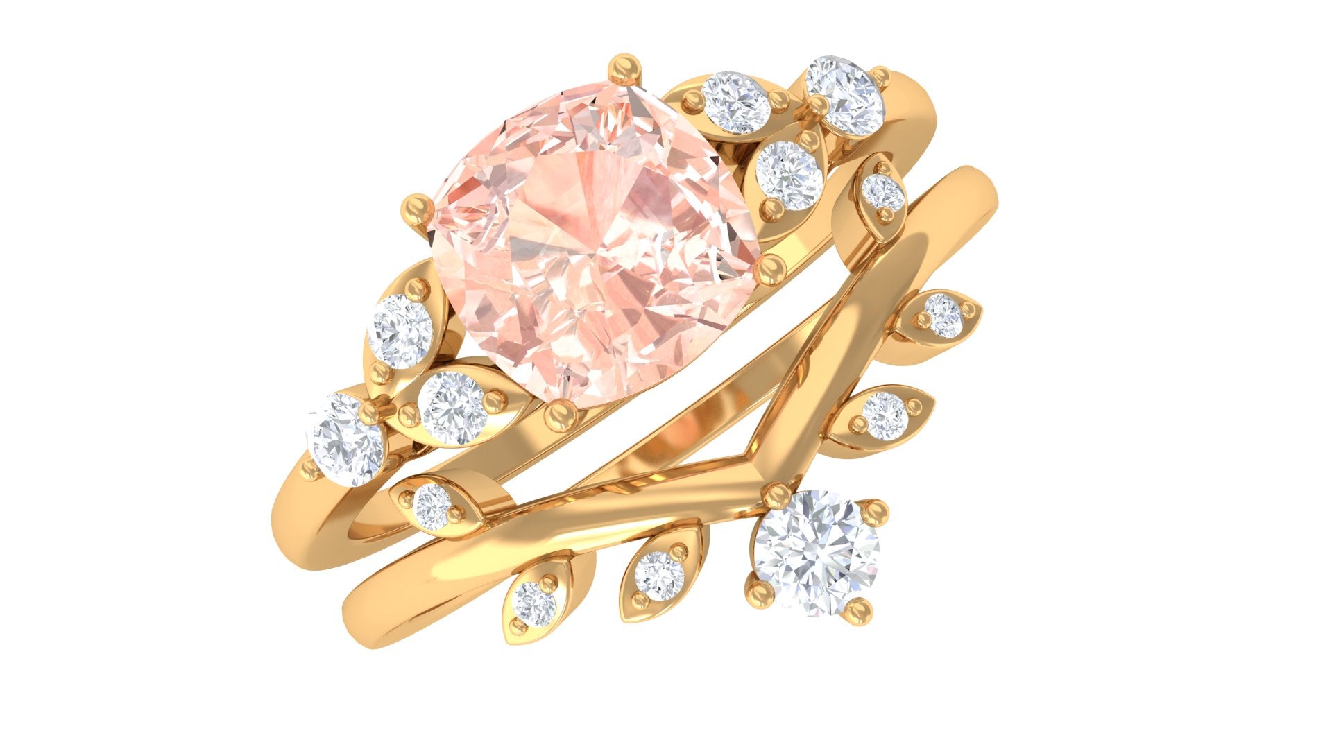 Morganite and Diamond Ring Set with Leaf Motif Morganite - ( AAA ) - Quality - Rosec Jewels