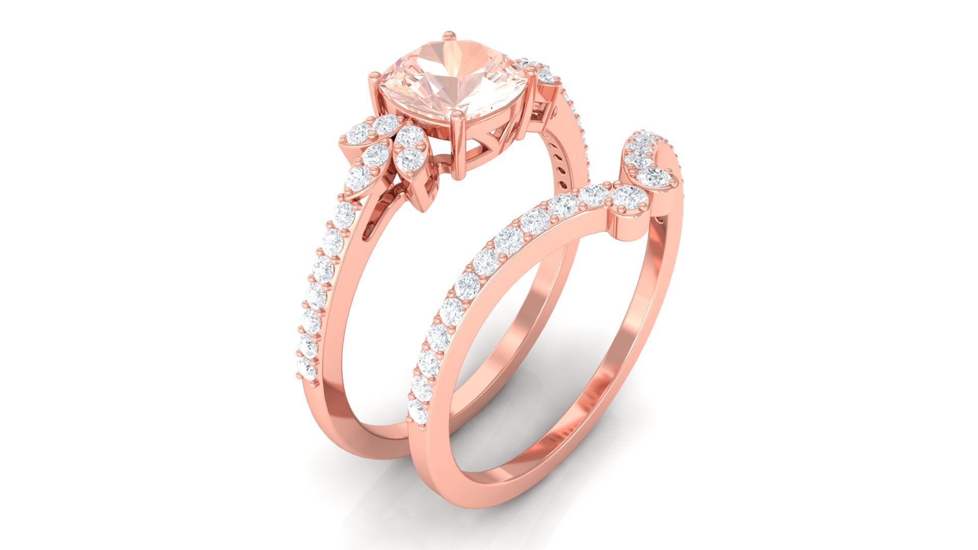 Cushion Cut Morganite and Diamond Bridal Ring Set Morganite - ( AAA ) - Quality - Rosec Jewels