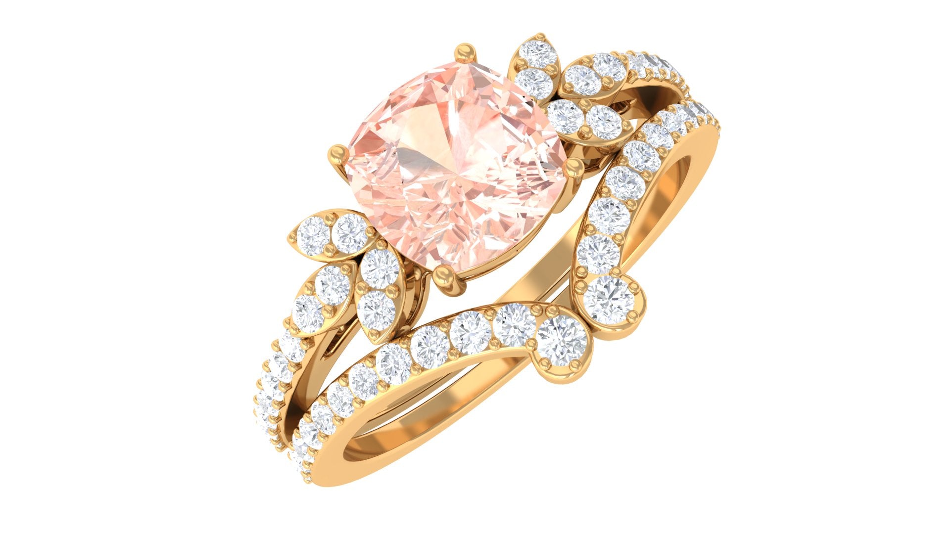 Cushion Cut Morganite and Diamond Bridal Ring Set Morganite - ( AAA ) - Quality - Rosec Jewels