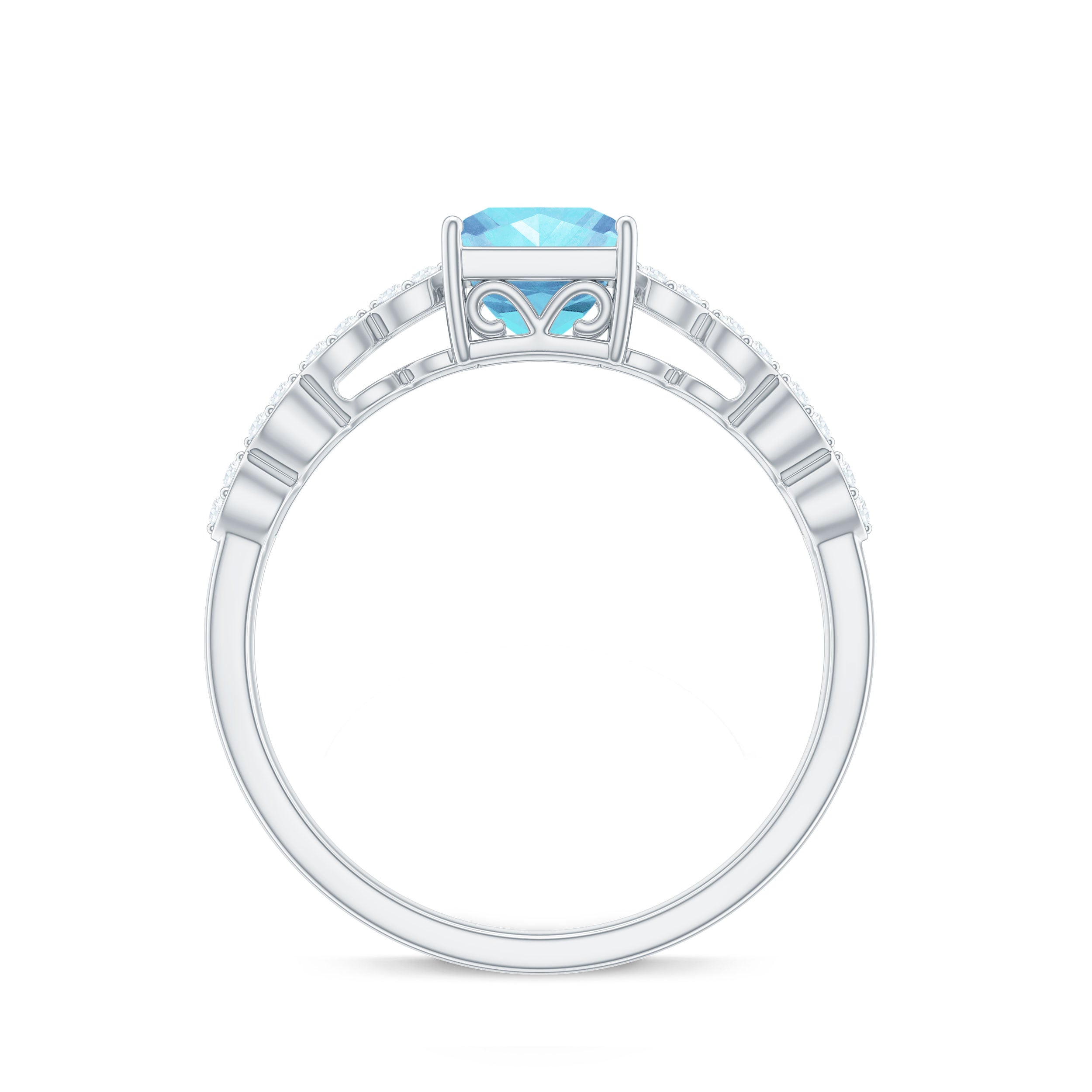 Princess Cut Aquamarine Solitaire Double Band Ring with Diamond Aquamarine - ( AAA ) - Quality - Rosec Jewels