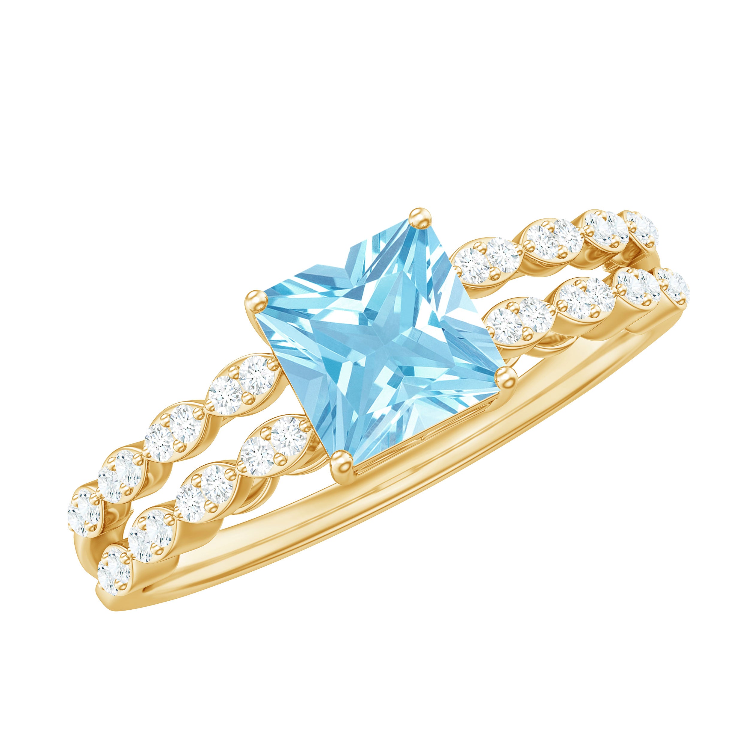 Princess Cut Aquamarine Solitaire Double Band Ring with Diamond Aquamarine - ( AAA ) - Quality - Rosec Jewels