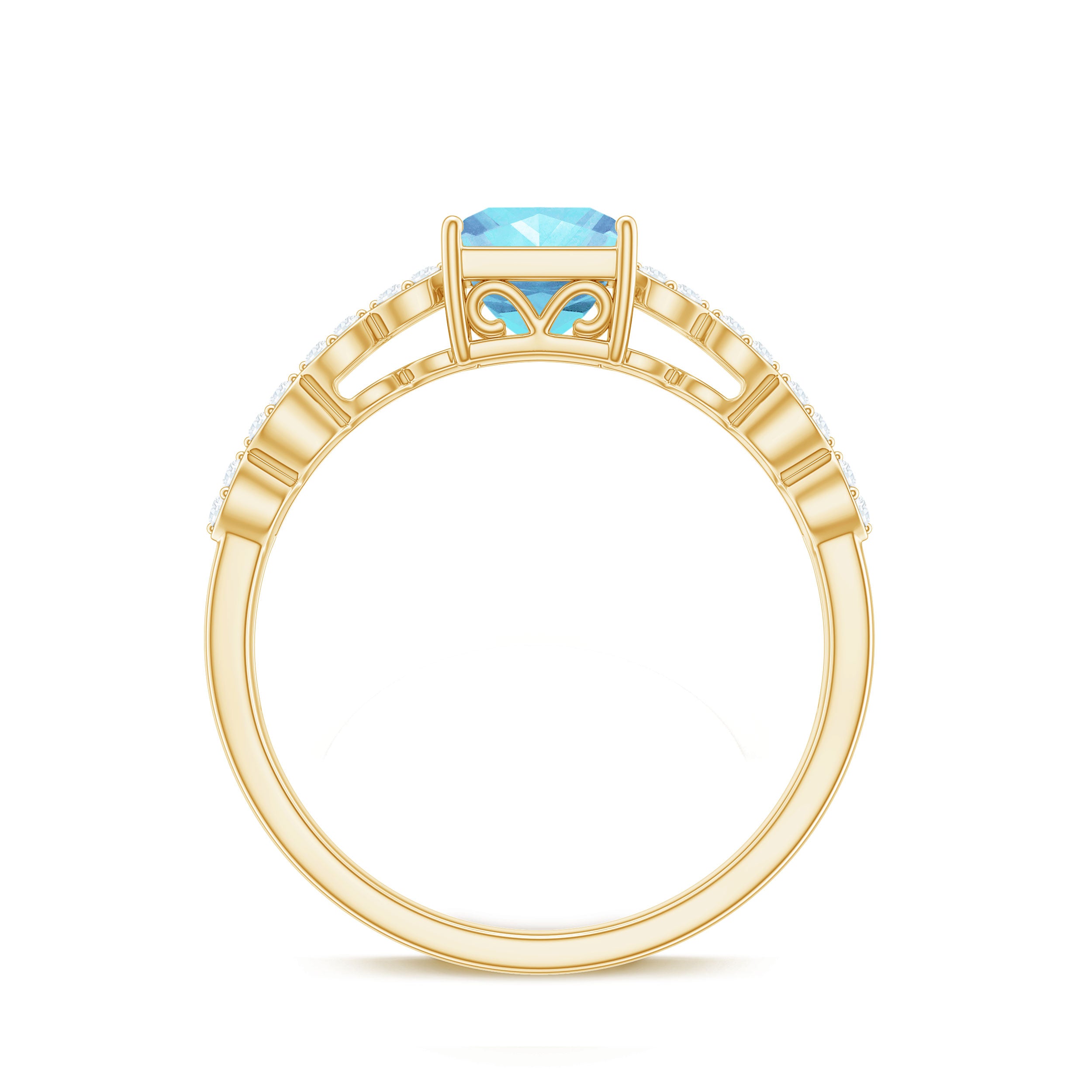 Princess Cut Aquamarine Solitaire Double Band Ring with Diamond Aquamarine - ( AAA ) - Quality - Rosec Jewels