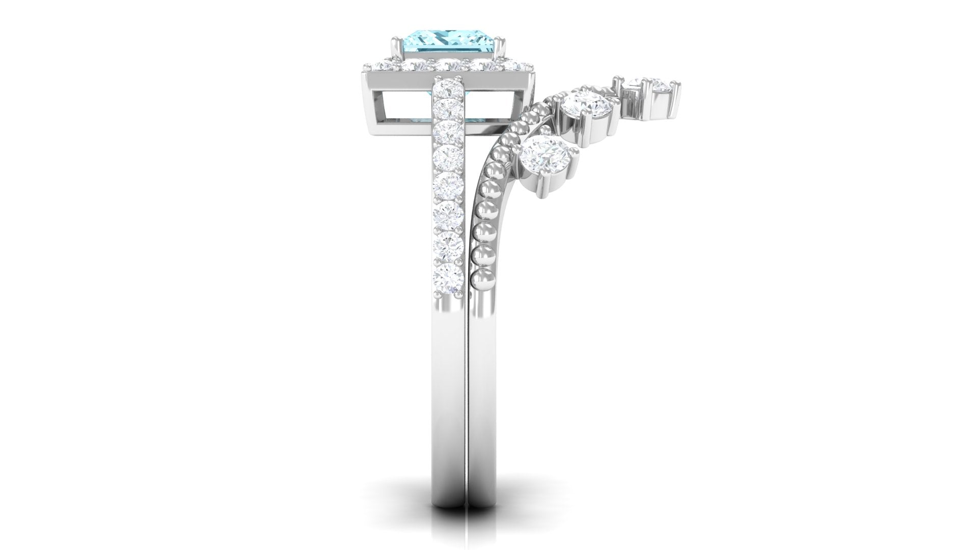 Princess Cut Aquamarine and Moissanite Bridal Ring Set with Beaded Details Aquamarine - ( AAA ) - Quality - Rosec Jewels