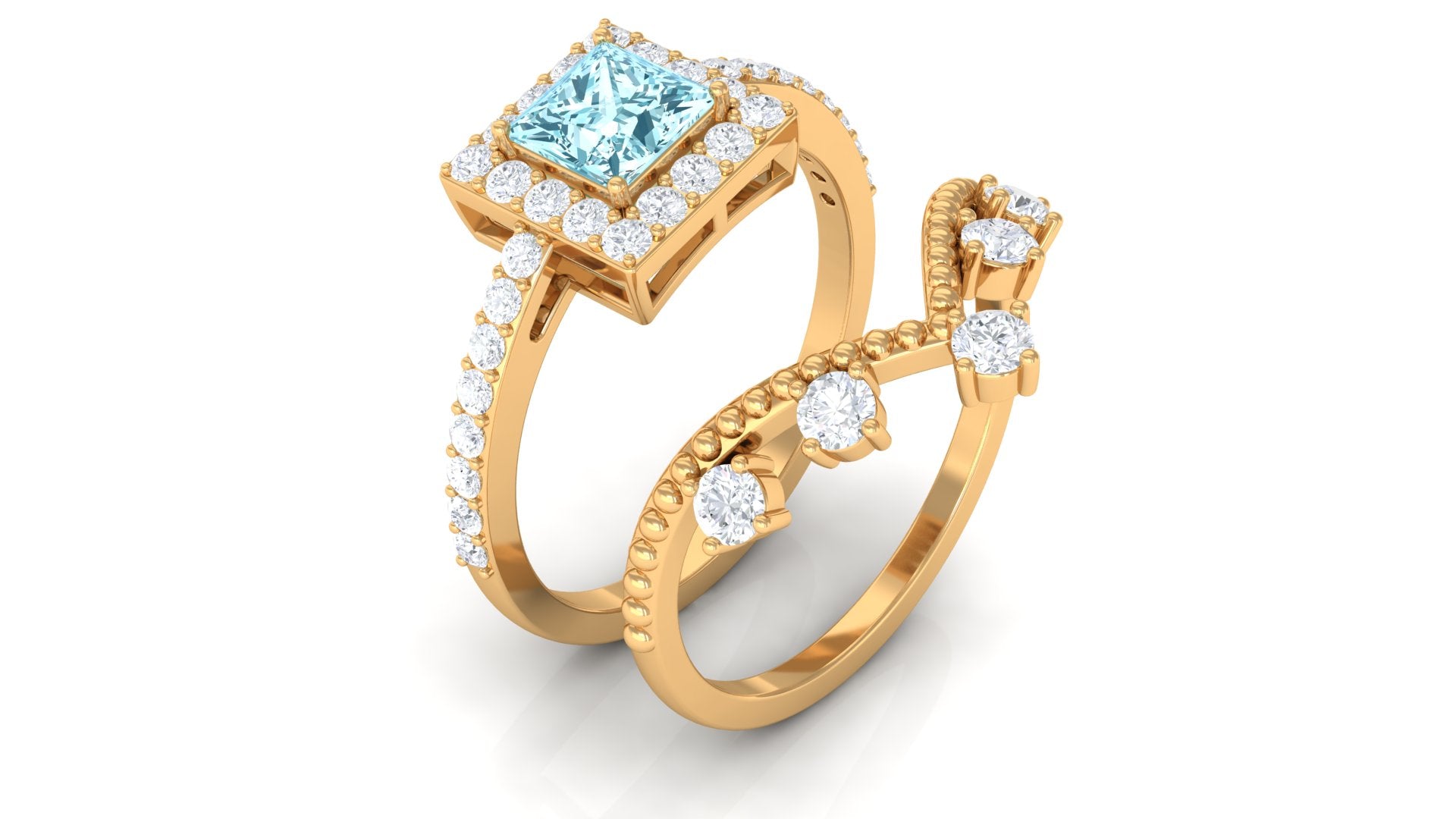 Princess Cut Aquamarine and Moissanite Bridal Ring Set with Beaded Details Aquamarine - ( AAA ) - Quality - Rosec Jewels