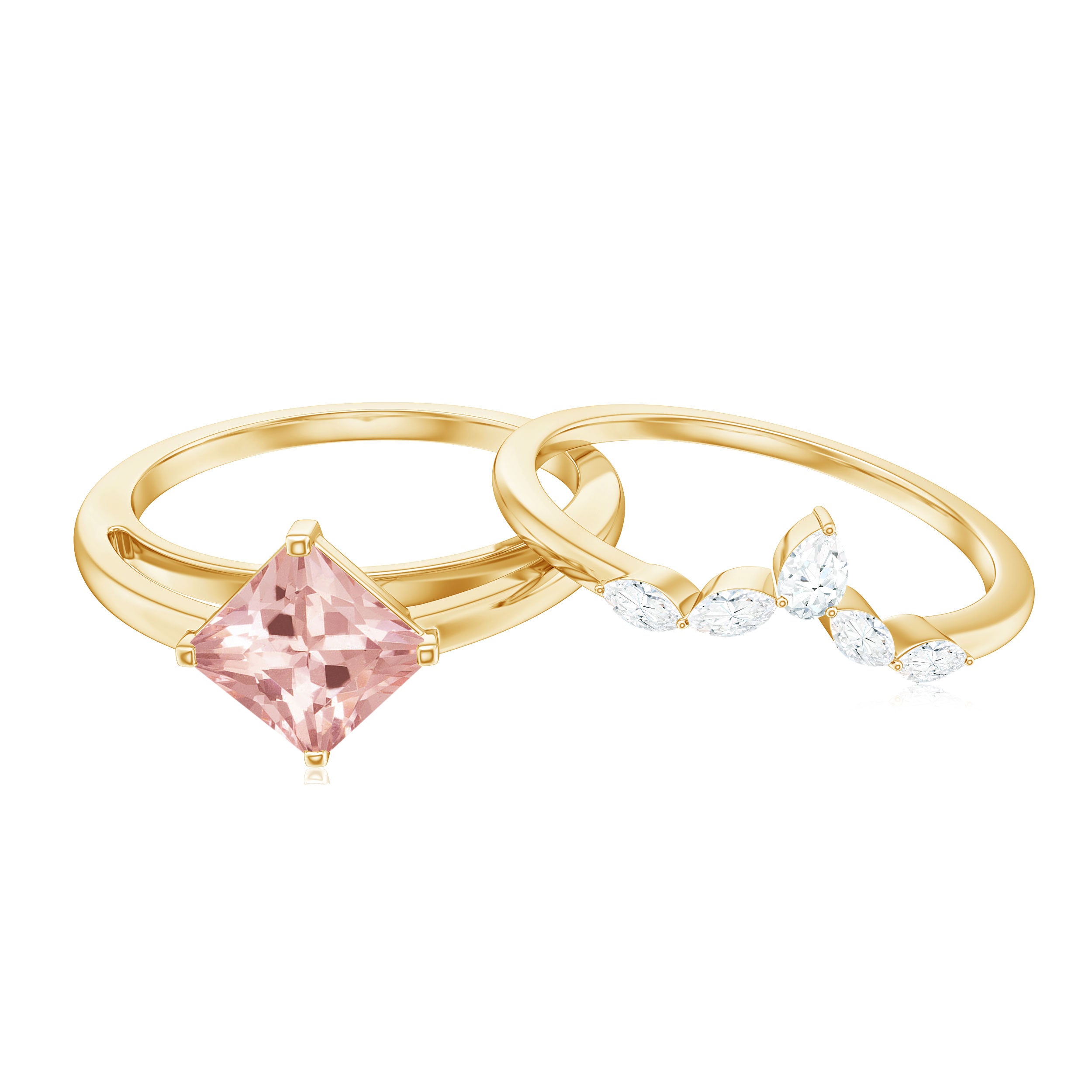 1 CT Princess Cut Morganite and Diamond Solitaire Ring Set Morganite - ( AAA ) - Quality - Rosec Jewels