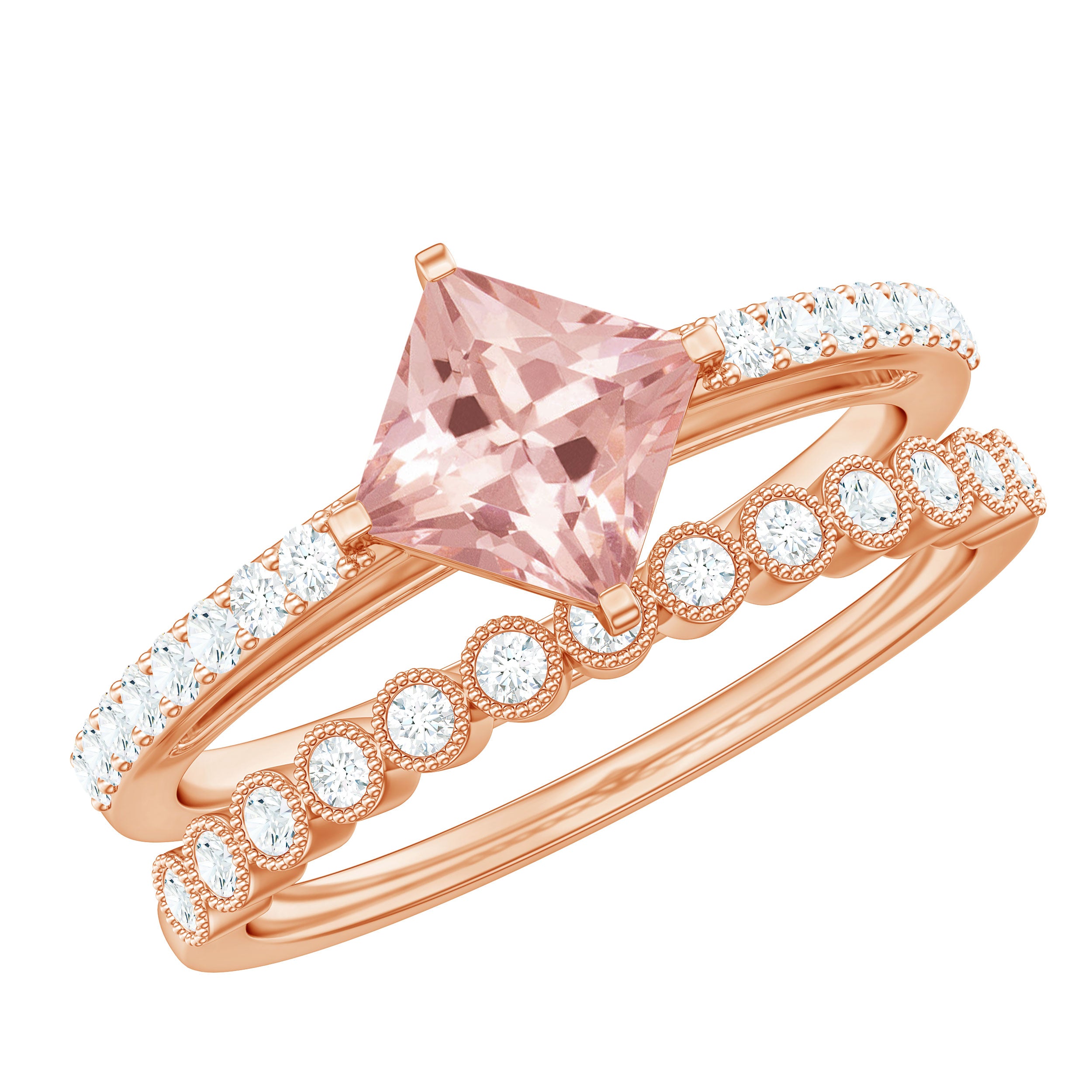 Solitaire Morganite and Diamond Ring Set Morganite - ( AAA ) - Quality - Rosec Jewels