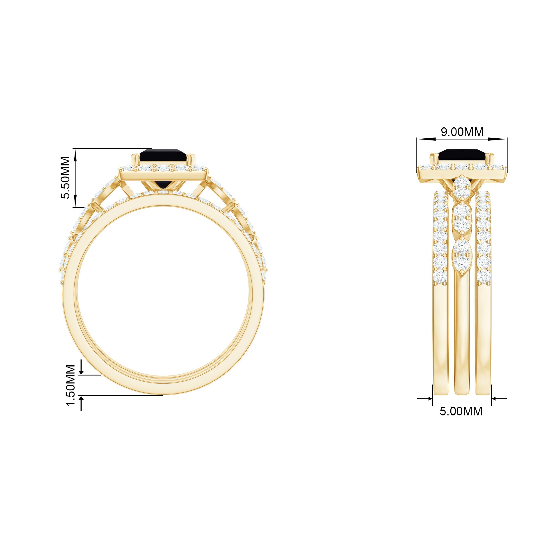 Princess Cut Black Onyx Bridal Ring Set with Moissanite Halo Black Onyx - ( AAA ) - Quality - Rosec Jewels
