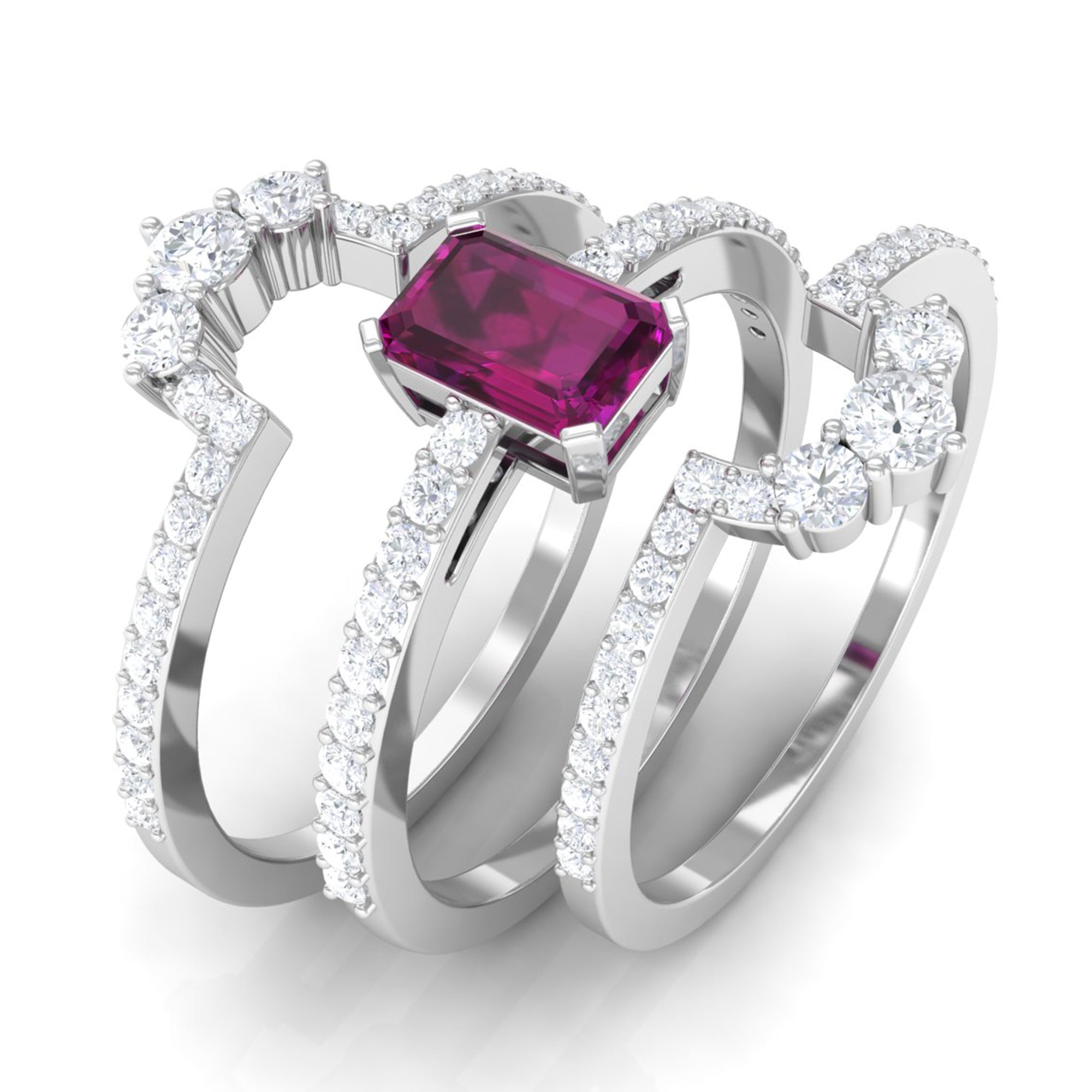 Octagon Cut Rhodolite Solitaire Trio Ring Set with Moissanite Rhodolite - ( AAA ) - Quality - Rosec Jewels