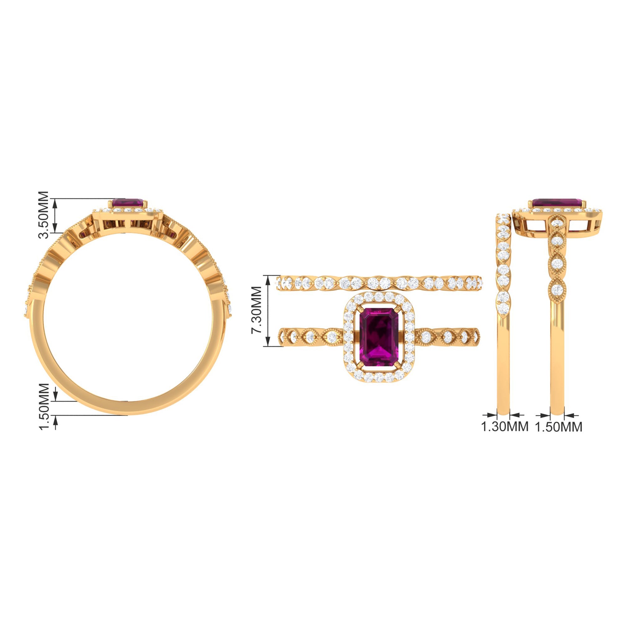 1.25 CT Emerald Cut Rhodolite and Diamond Designer Ring Set Rhodolite - ( AAA ) - Quality - Rosec Jewels