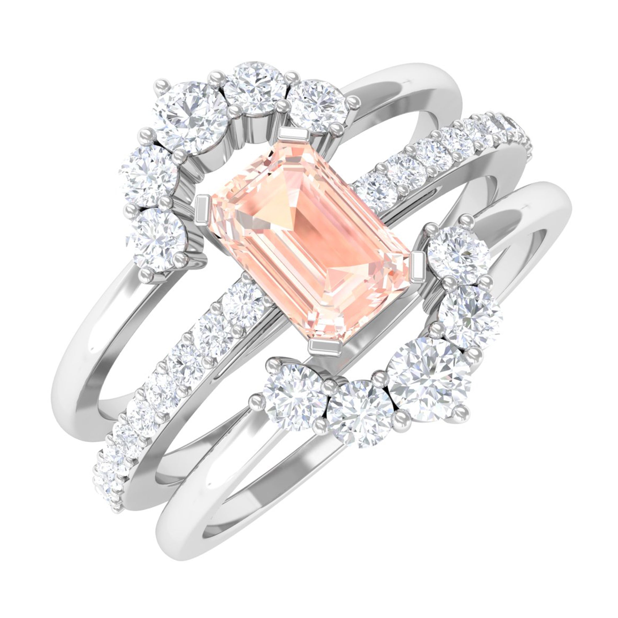 Real Morganite Solitaire Trio Ring Set with Diamond Morganite - ( AAA ) - Quality - Rosec Jewels