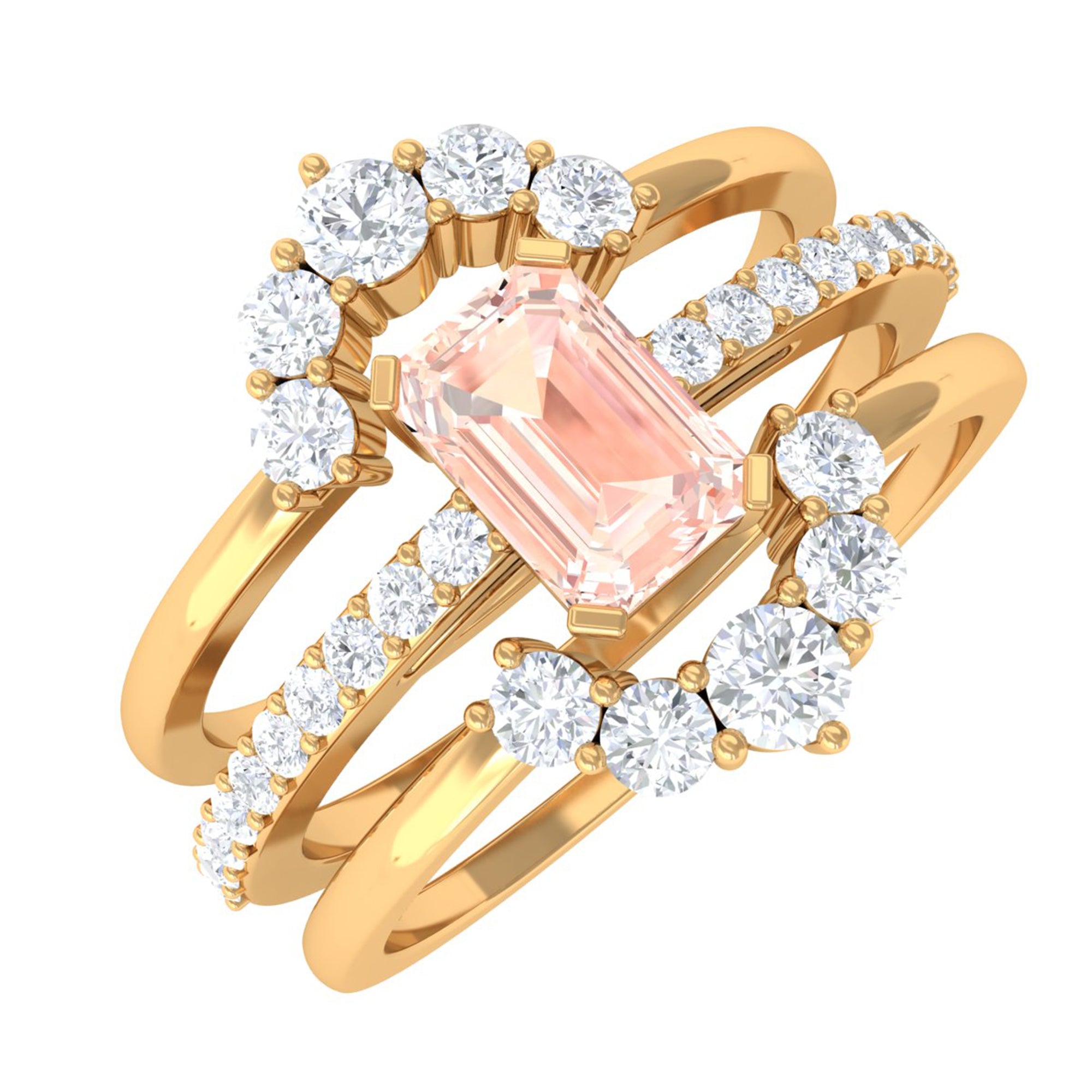 Real Morganite Solitaire Trio Ring Set with Diamond Morganite - ( AAA ) - Quality - Rosec Jewels