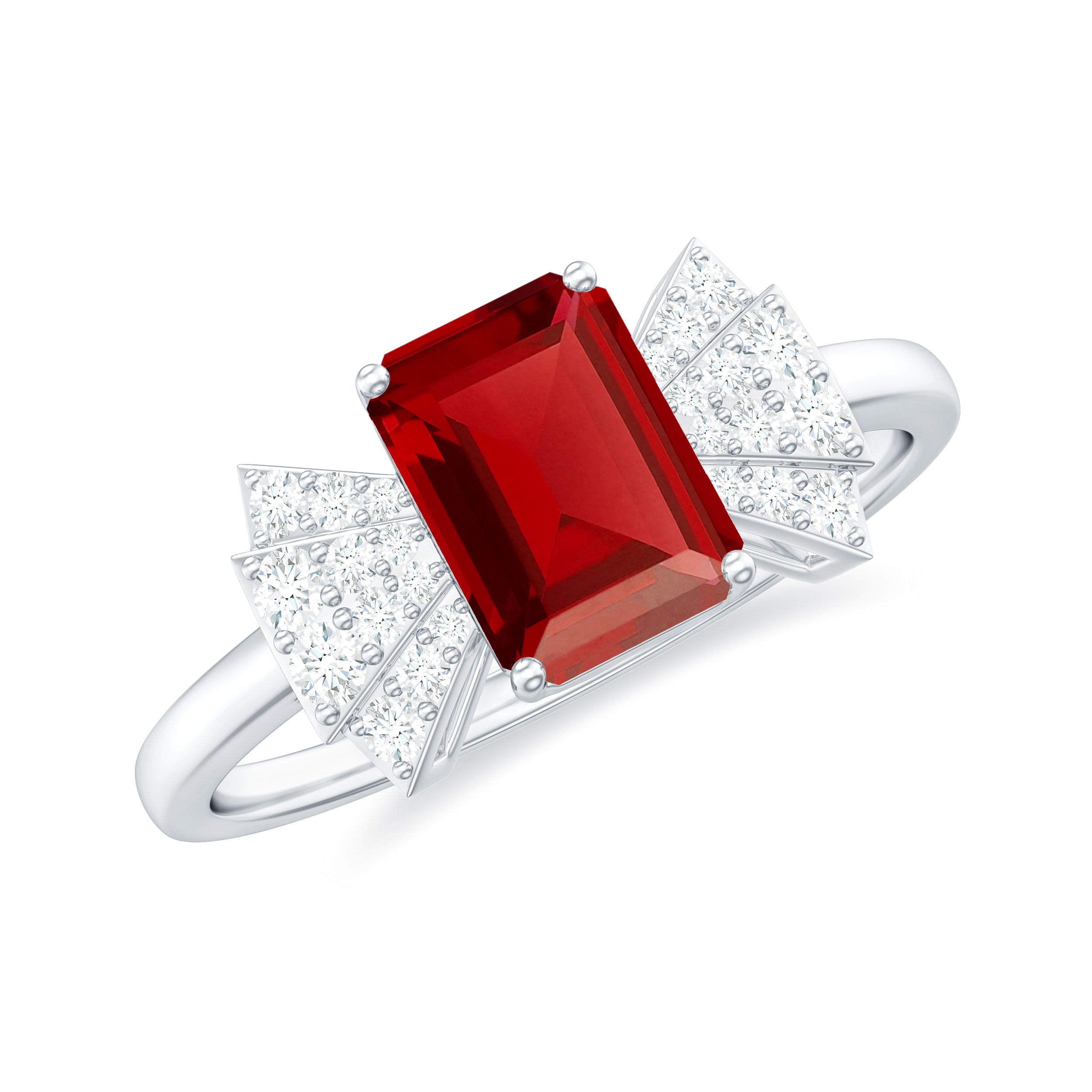 Designer Emerald Cut Lab Grown Ruby Solitaire Ring with Diamond Lab Created Ruby - ( AAAA ) - Quality - Rosec Jewels