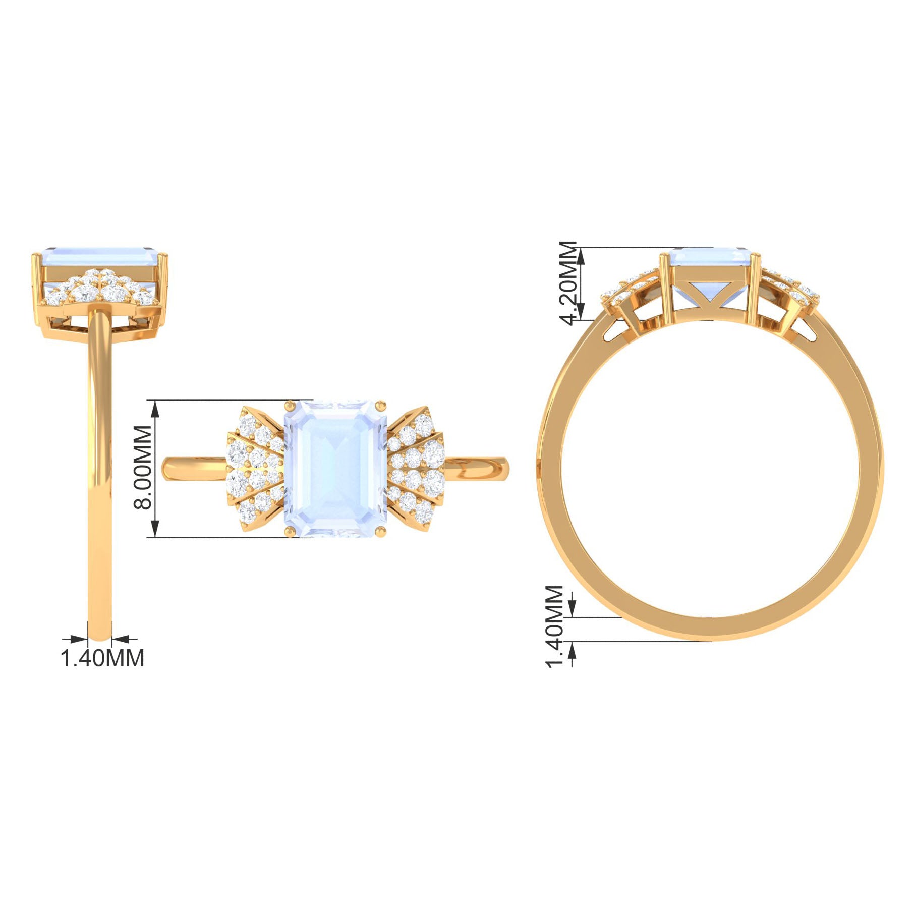 Emerald Cut Moonstone Designer Solitaire Ring with Diamond Moonstone - ( AAA ) - Quality - Rosec Jewels