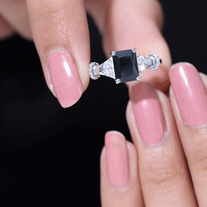 Emerald Cut Black Onyx Solitaire Ring with Moissanite Black Onyx - ( AAA ) - Quality 92.5 Sterling Silver 9 - Rosec Jewels