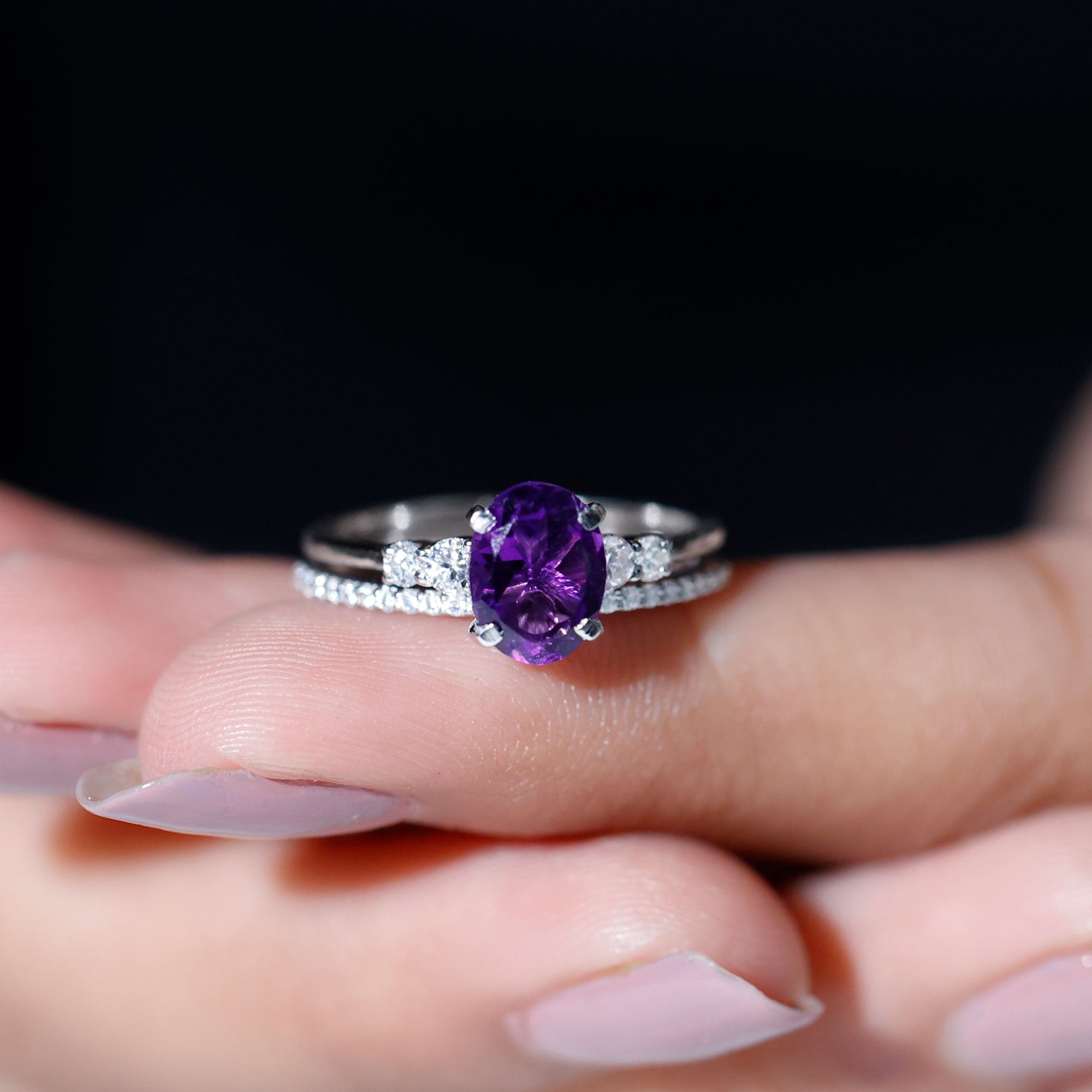 Oval Amethyst Solitaire Ring Set with Diamond Amethyst - ( AAA ) - Quality - Rosec Jewels