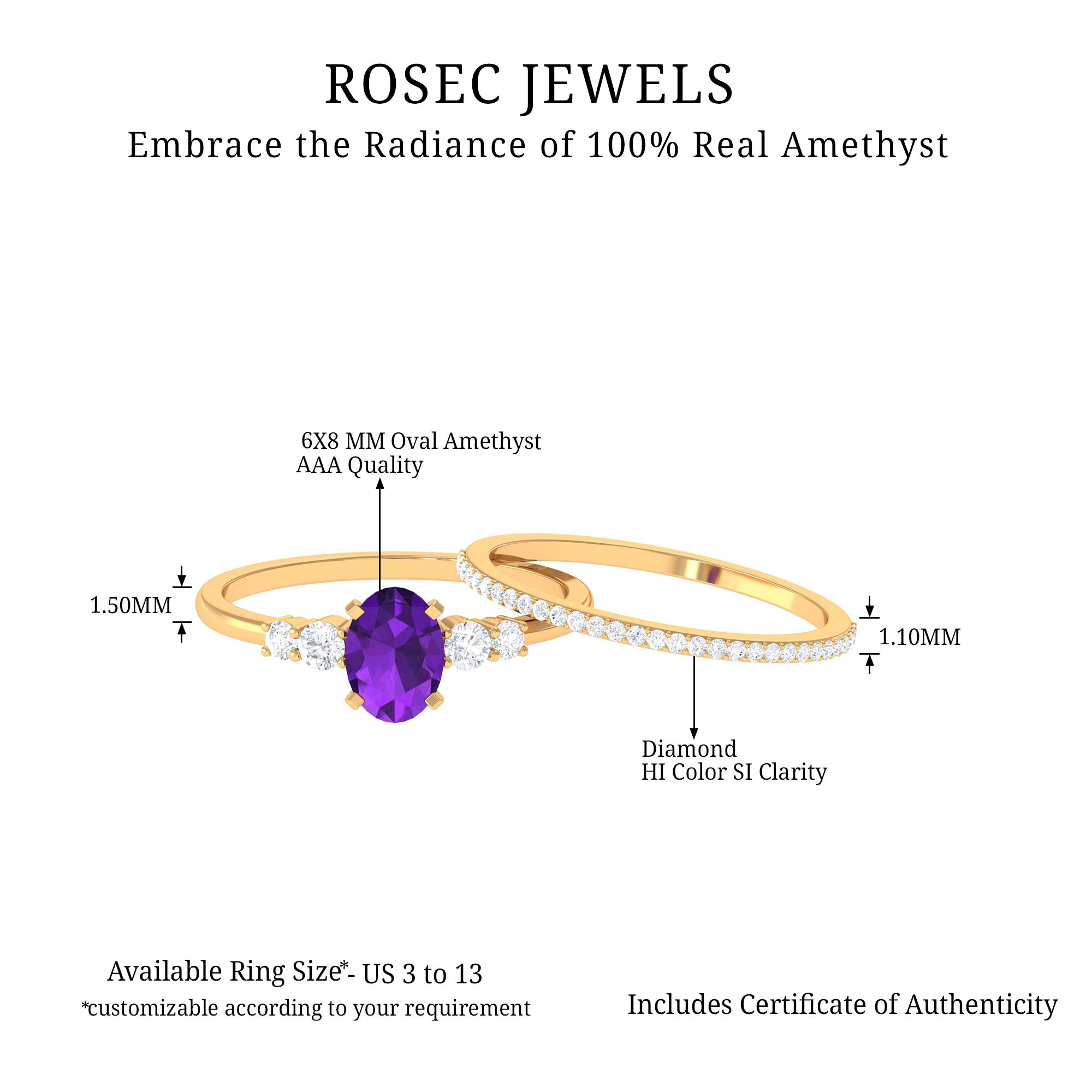Oval Amethyst Solitaire Ring Set with Diamond Amethyst - ( AAA ) - Quality - Rosec Jewels