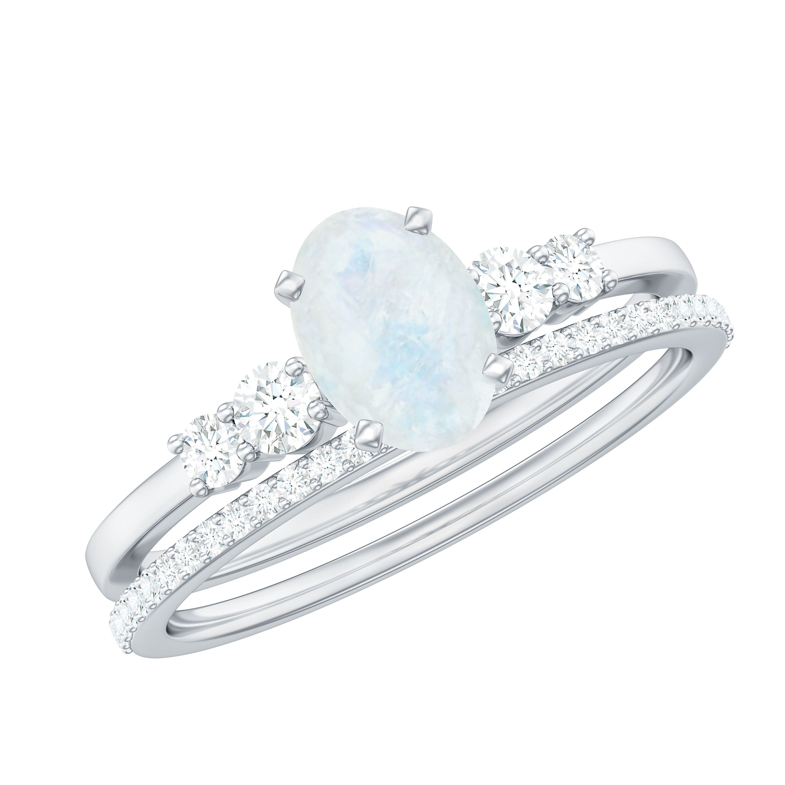 Oval Moonstone Solitaire Ring Set with Diamond Moonstone - ( AAA ) - Quality - Rosec Jewels