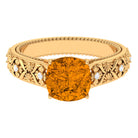 Vintage Inspired Cushion Cut Citrine Solitaire Ring with Diamond Citrine - ( AAA ) - Quality - Rosec Jewels