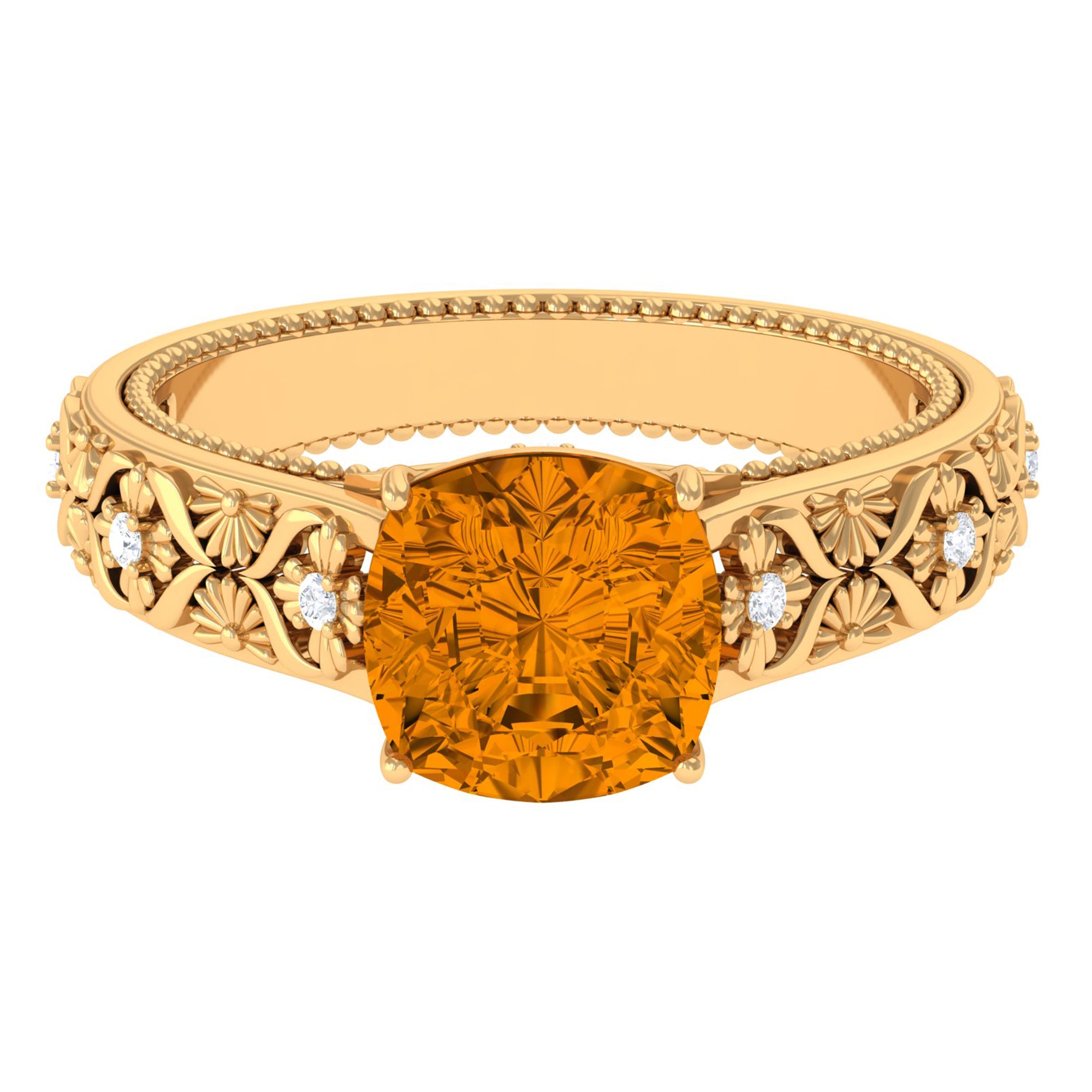 Vintage Inspired Cushion Cut Citrine Solitaire Ring with Diamond Citrine - ( AAA ) - Quality - Rosec Jewels
