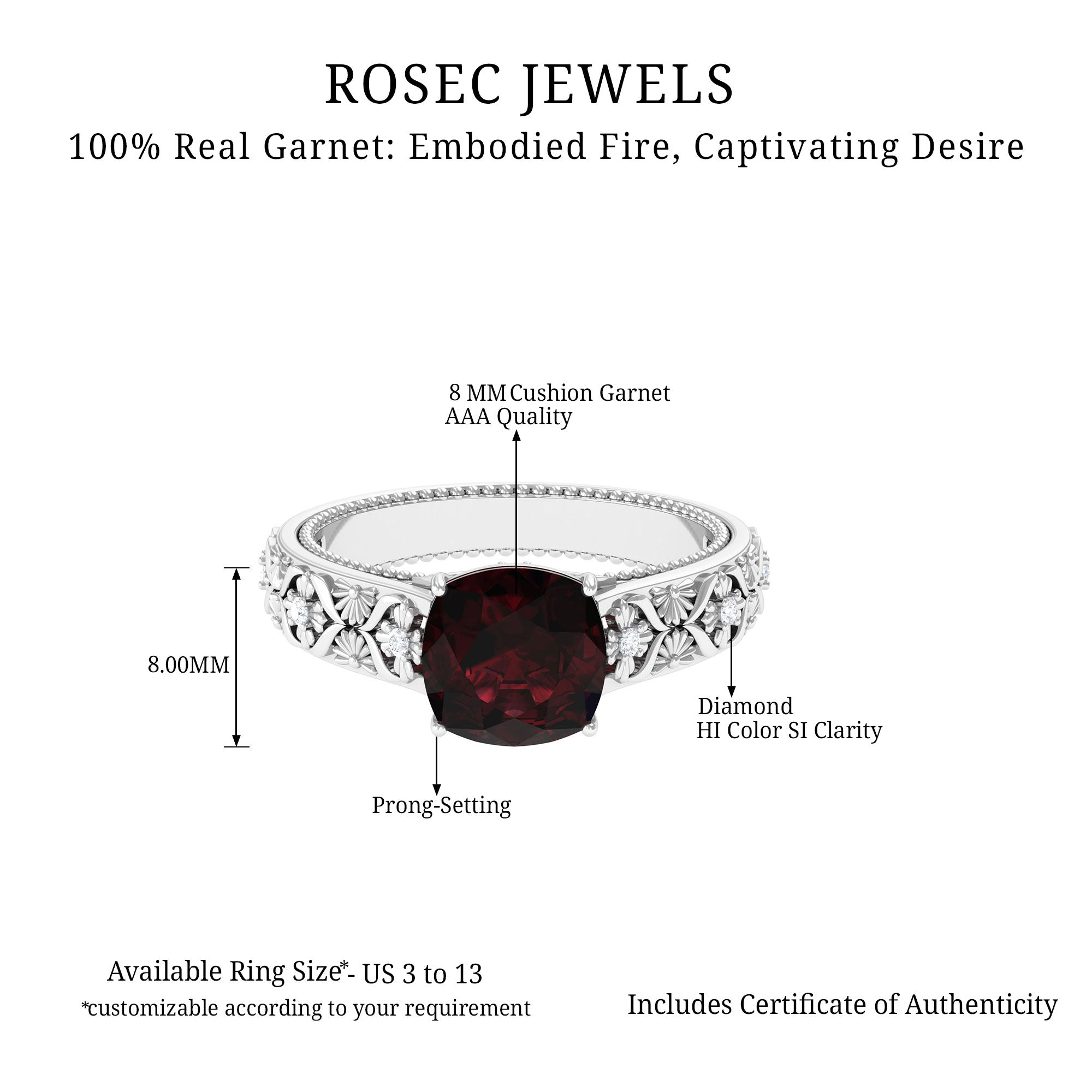 Cushion Cut Garnet Engagement Ring with Diamond Garnet - ( AAA ) - Quality - Rosec Jewels