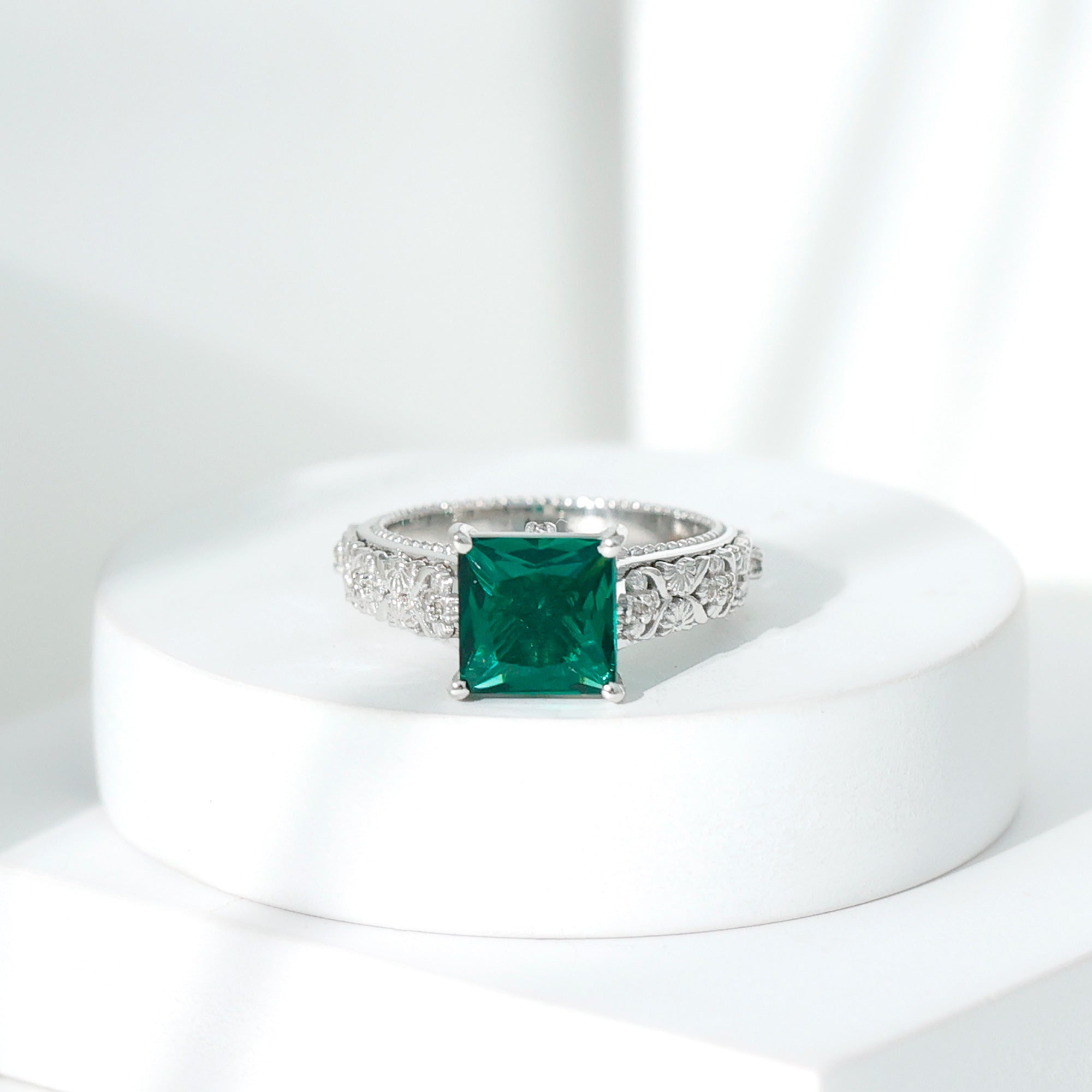 2.50 CT Princess Cut Created Emerald Solitaire Ring with Diamond Lab Created Emerald - ( AAAA ) - Quality - Rosec Jewels