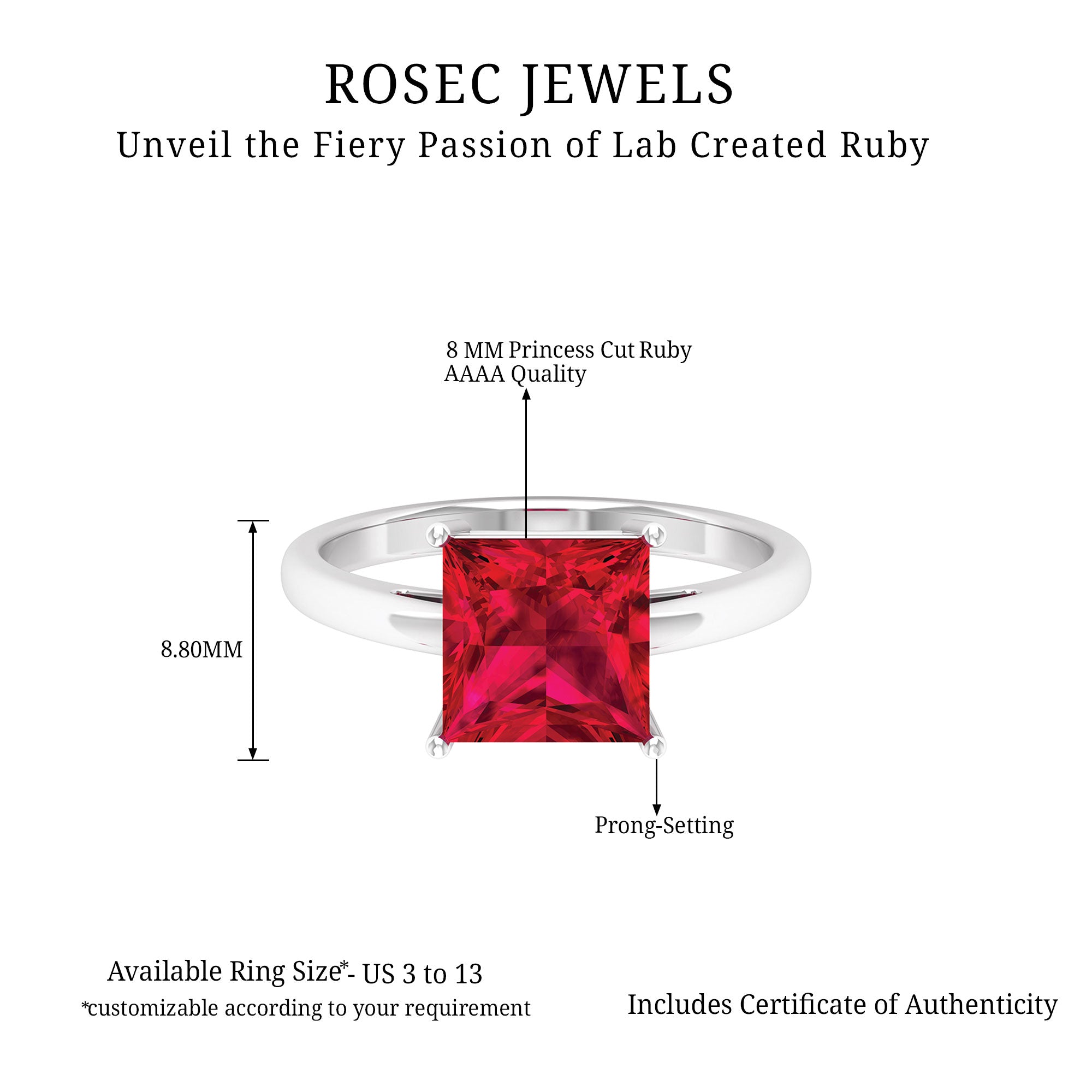 8.00 MM Princess Cut Created Ruby Solitaire Ring Lab Created Ruby - ( AAAA ) - Quality - Rosec Jewels