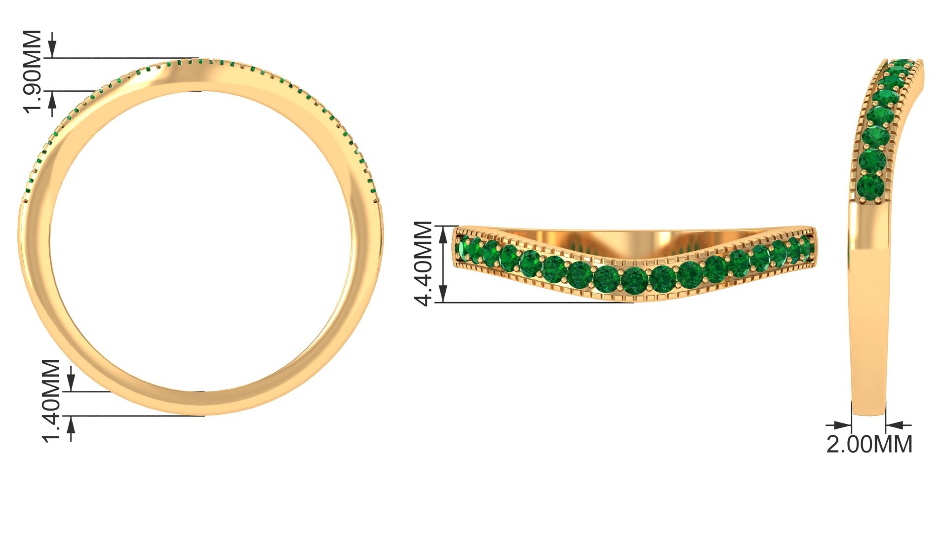 1/4 CT Emerald Curved Stackable Band with Milgrains Emerald - ( AAA ) - Quality - Rosec Jewels