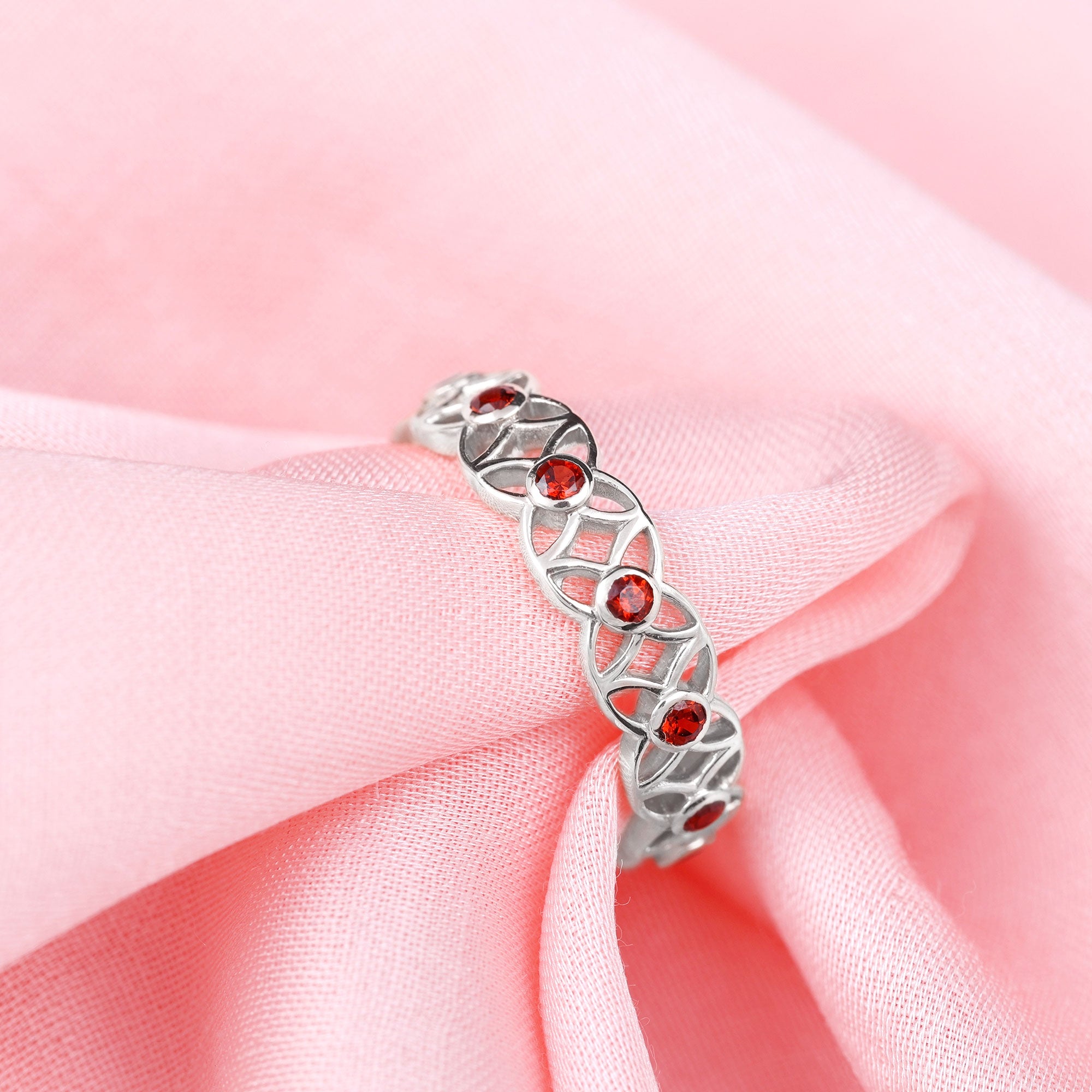 Real Garnet Flower Wedding Band Ring with Cutwork Garnet - ( AAA ) - Quality - Rosec Jewels