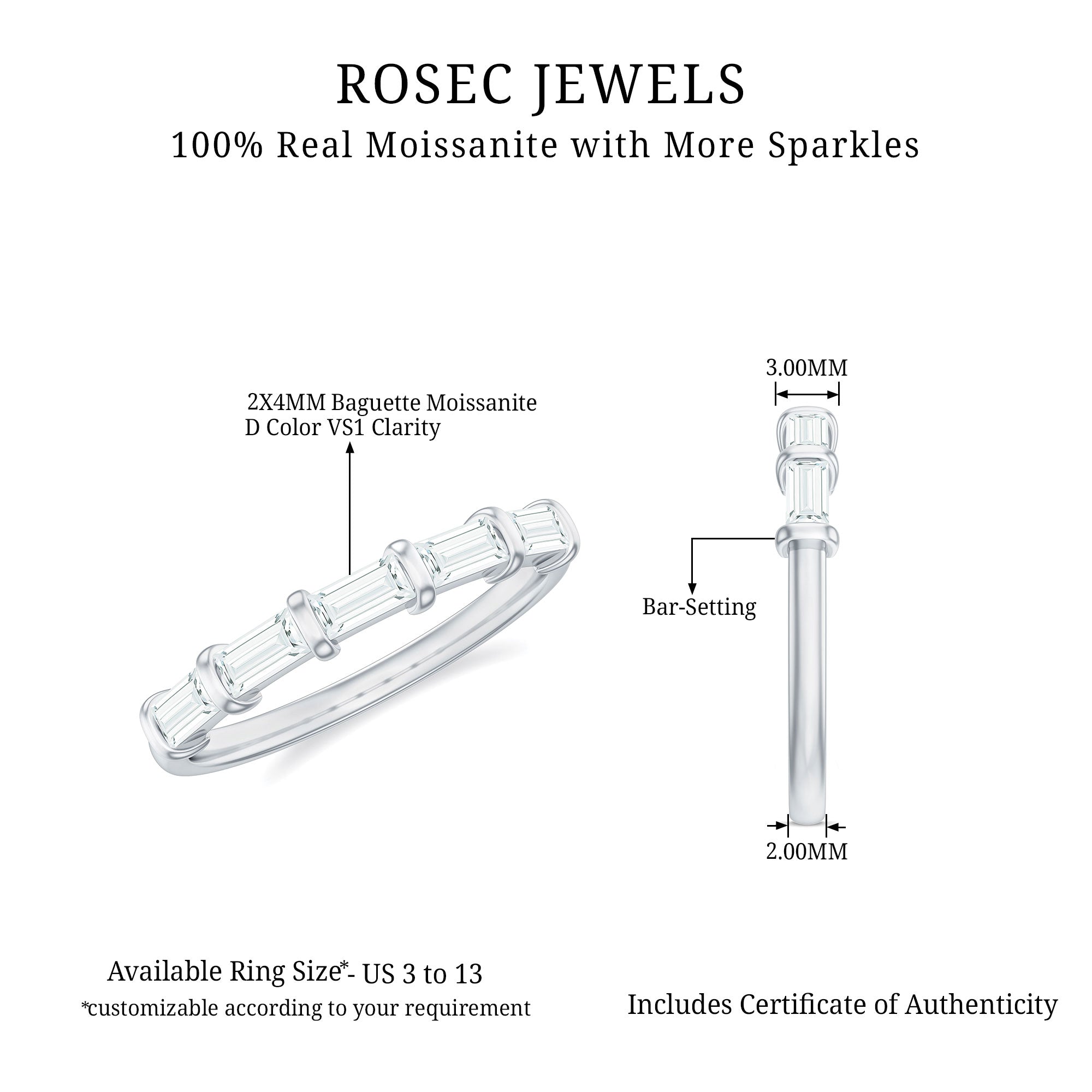 Baguette Cut Moissanite East West Half Eternity Ring in Gold Moissanite - ( D-VS1 ) - Color and Clarity - Rosec Jewels