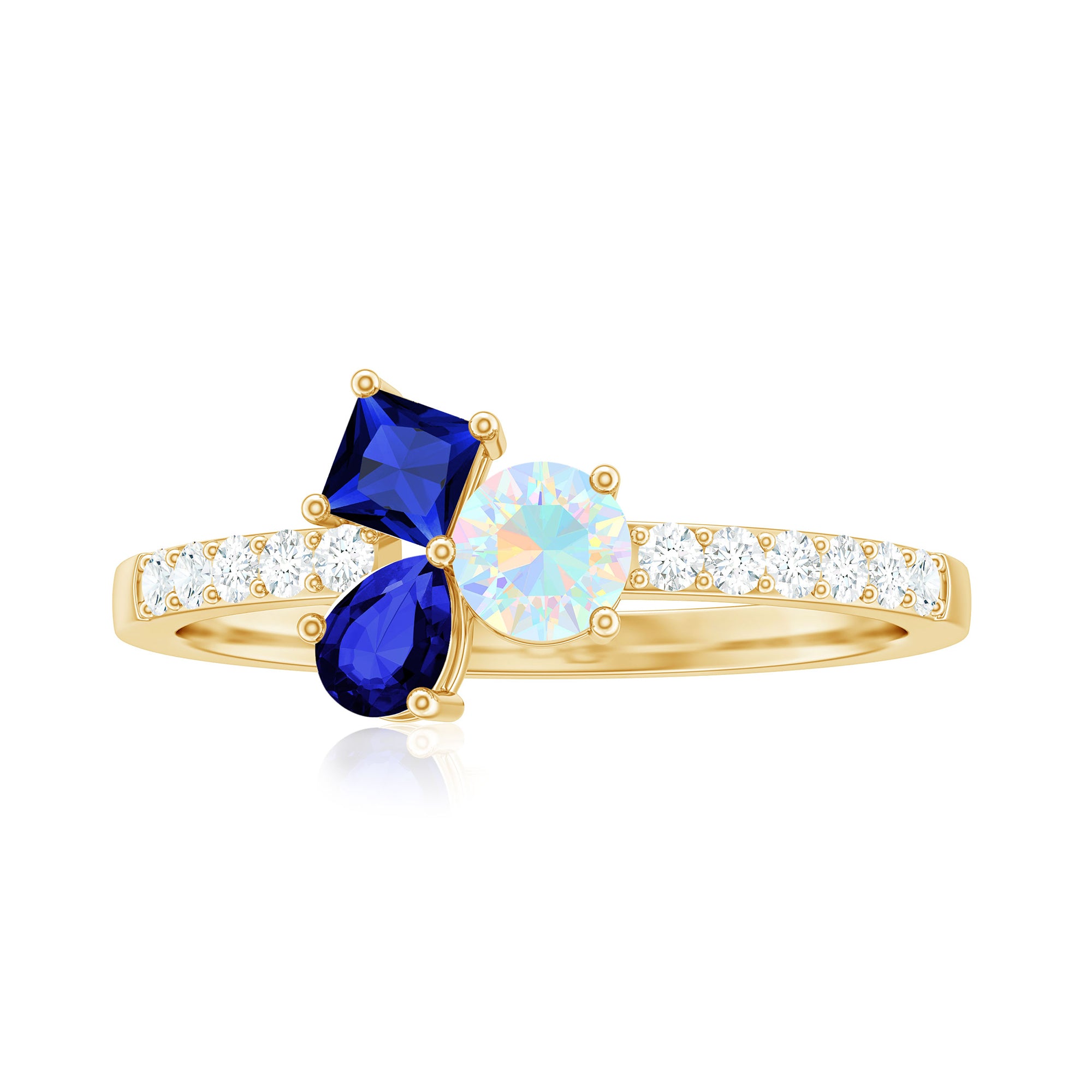 Real Ethiopian Opal and Created Blue Sapphire Cluster Promise Ring with Moissanite Ethiopian Opal - ( AAA ) - Quality - Rosec Jewels