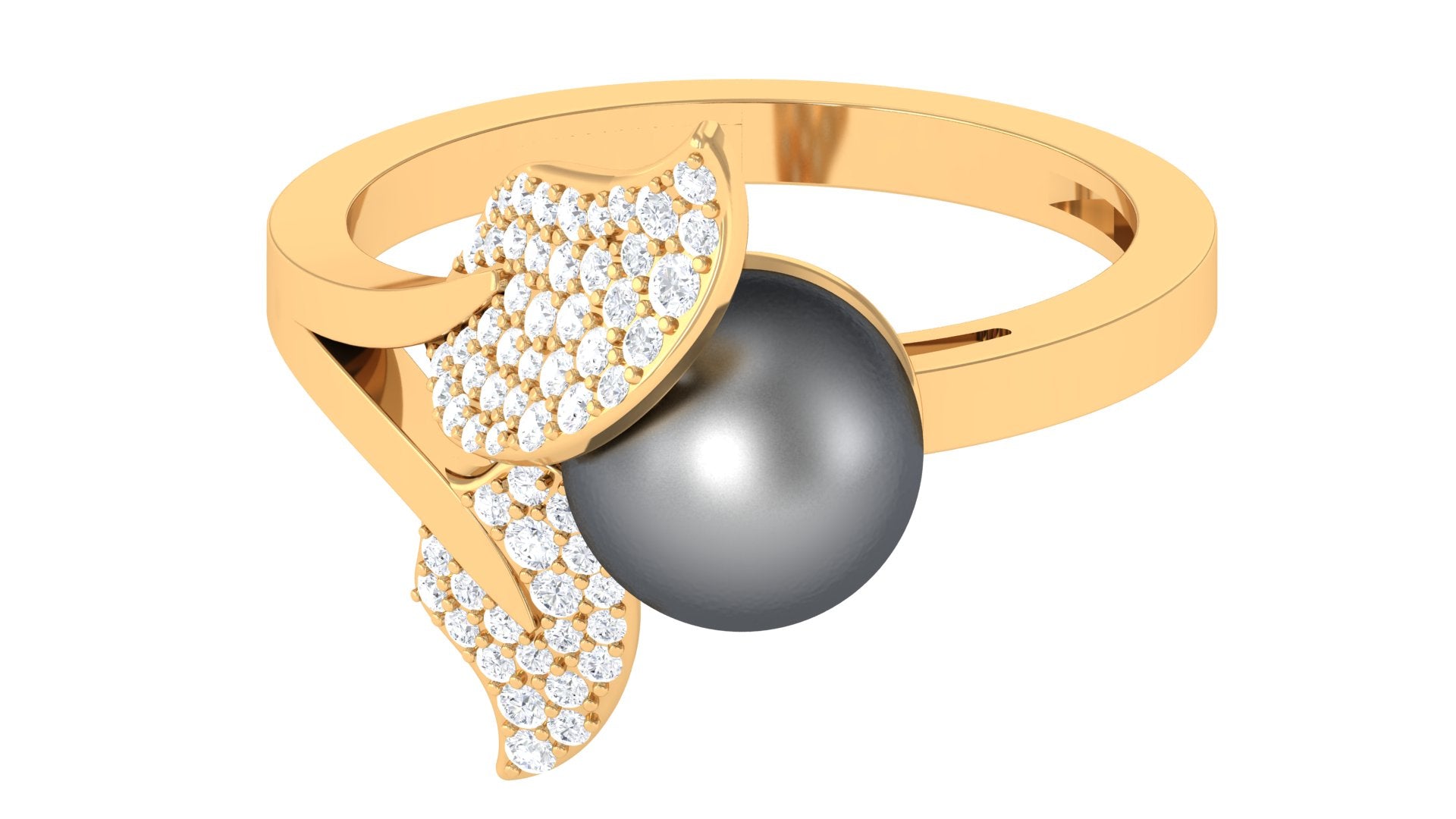 Round Tahitian Pearl and Diamond Leaf Engagement Ring Tahitian pearl - ( AAA ) - Quality - Rosec Jewels