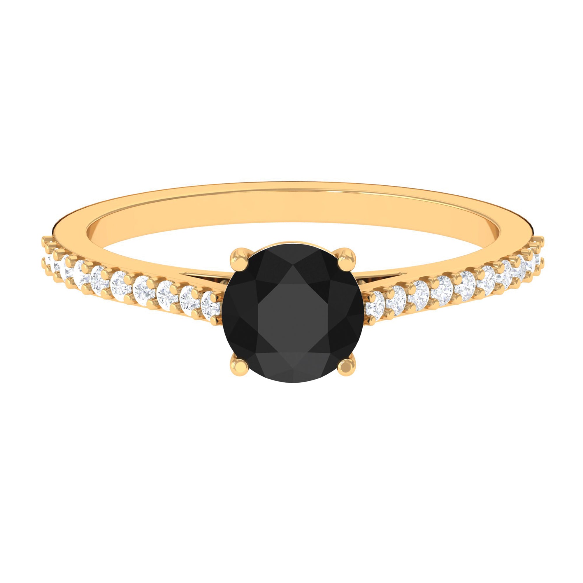 Round Black Onyx Solitaire Engagement Ring with Diamond Black Onyx - ( AAA ) - Quality - Rosec Jewels