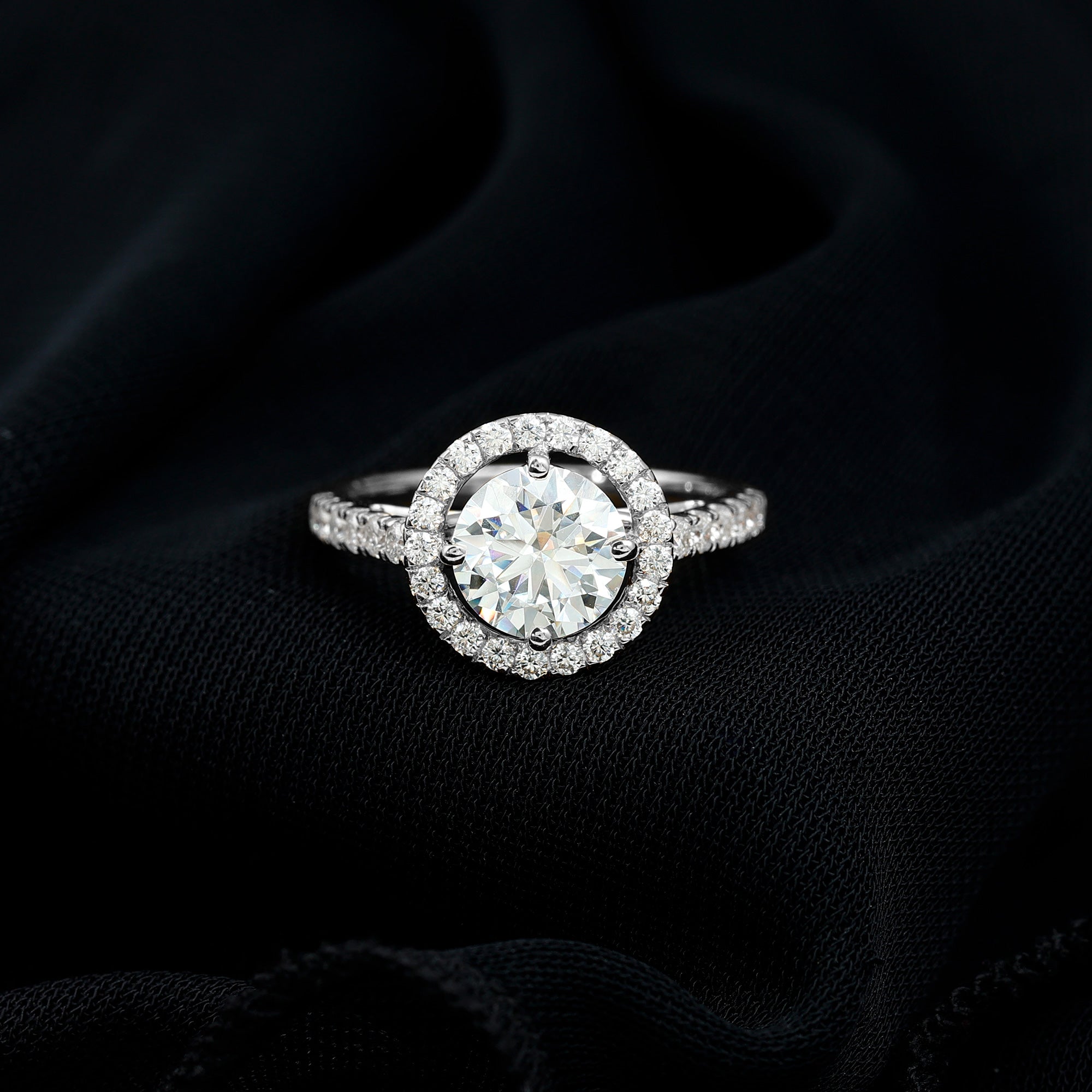 Rosec Jewels-Certified Moissanite Halo Engagement Ring with Side Stones