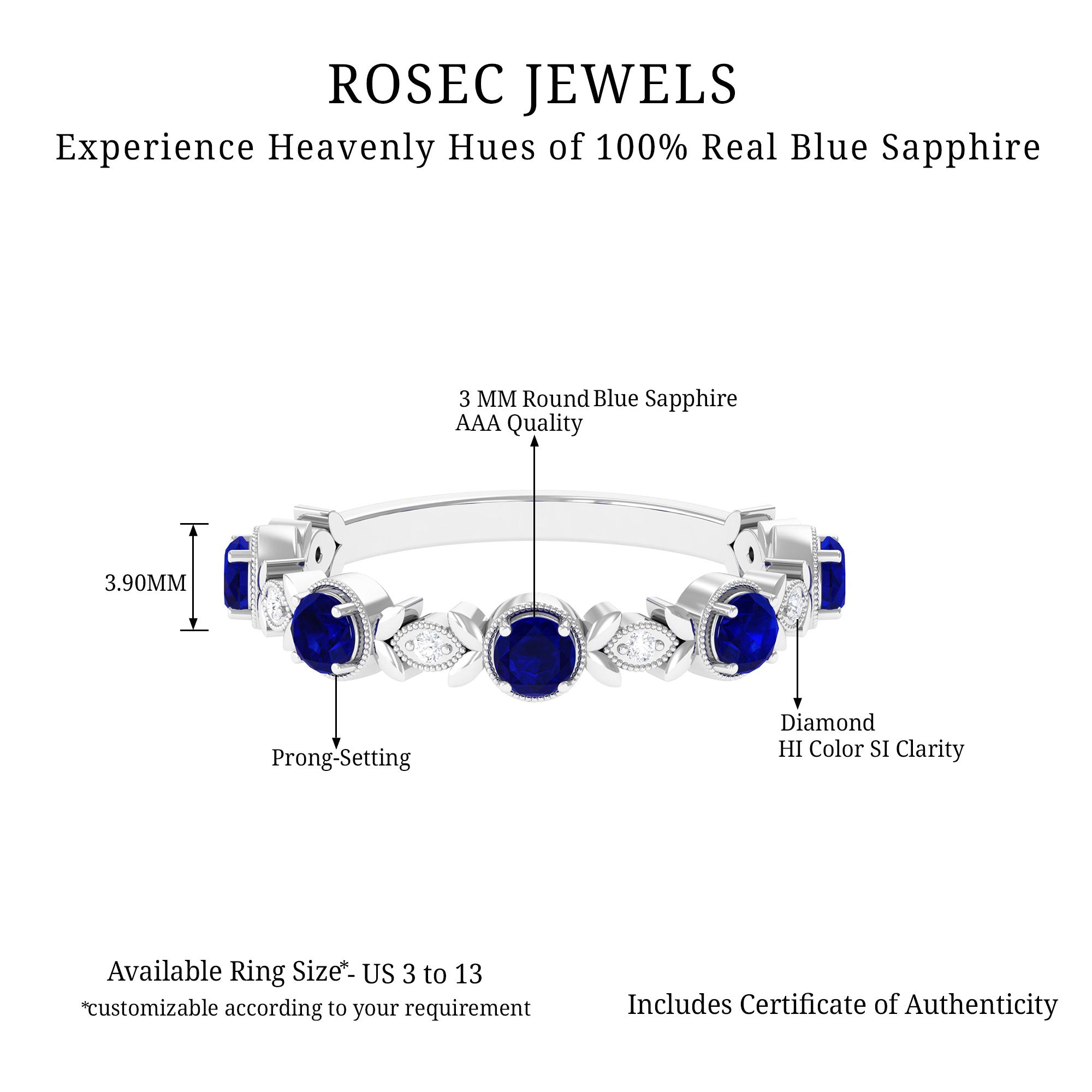 1 CT Floral Inspired Blue Sapphire and Diamond Half Eternity Ring Blue Sapphire - ( AAA ) - Quality - Rosec Jewels