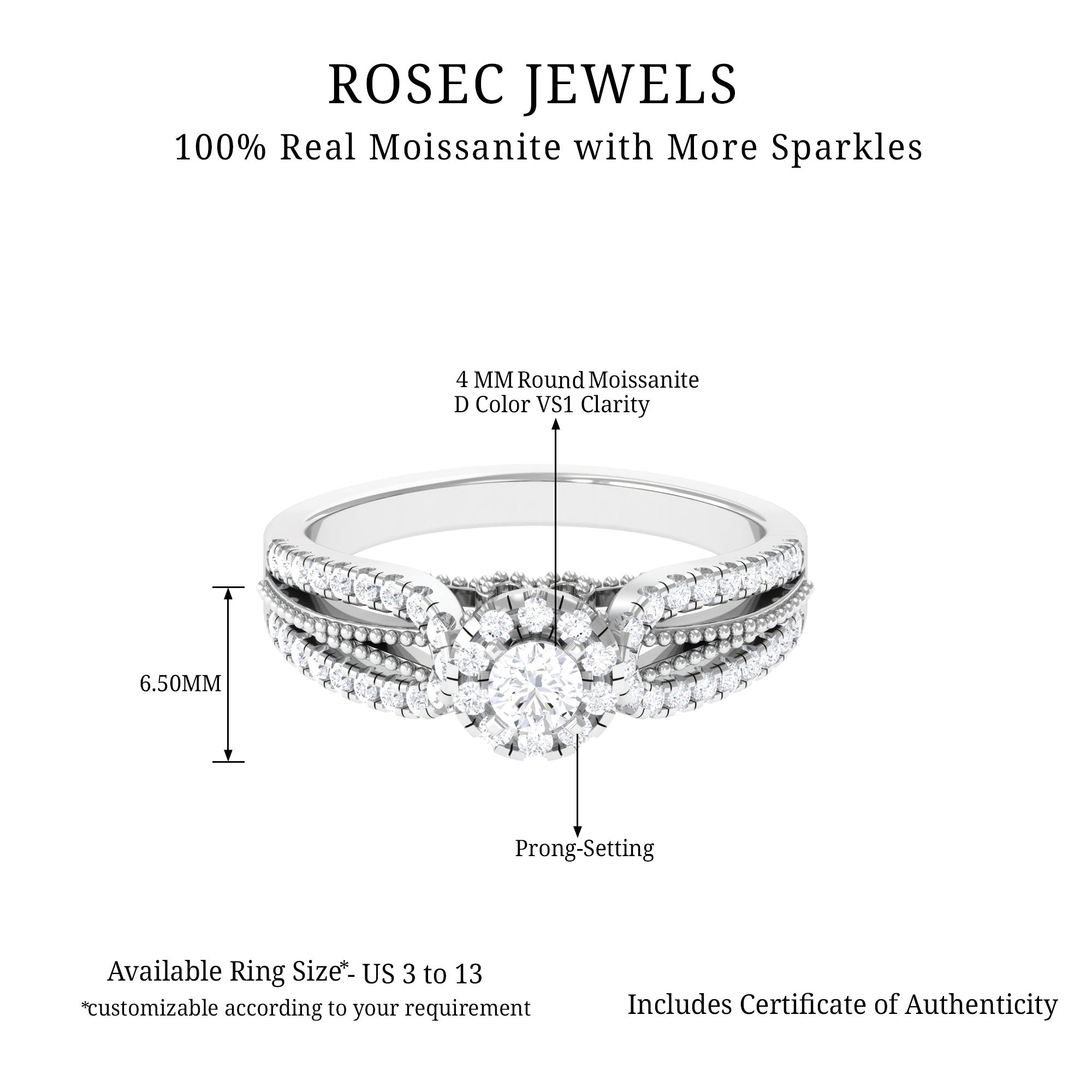 Moissanite Designer Split Shank Engagement Ring Moissanite - ( D-VS1 ) - Color and Clarity - Rosec Jewels