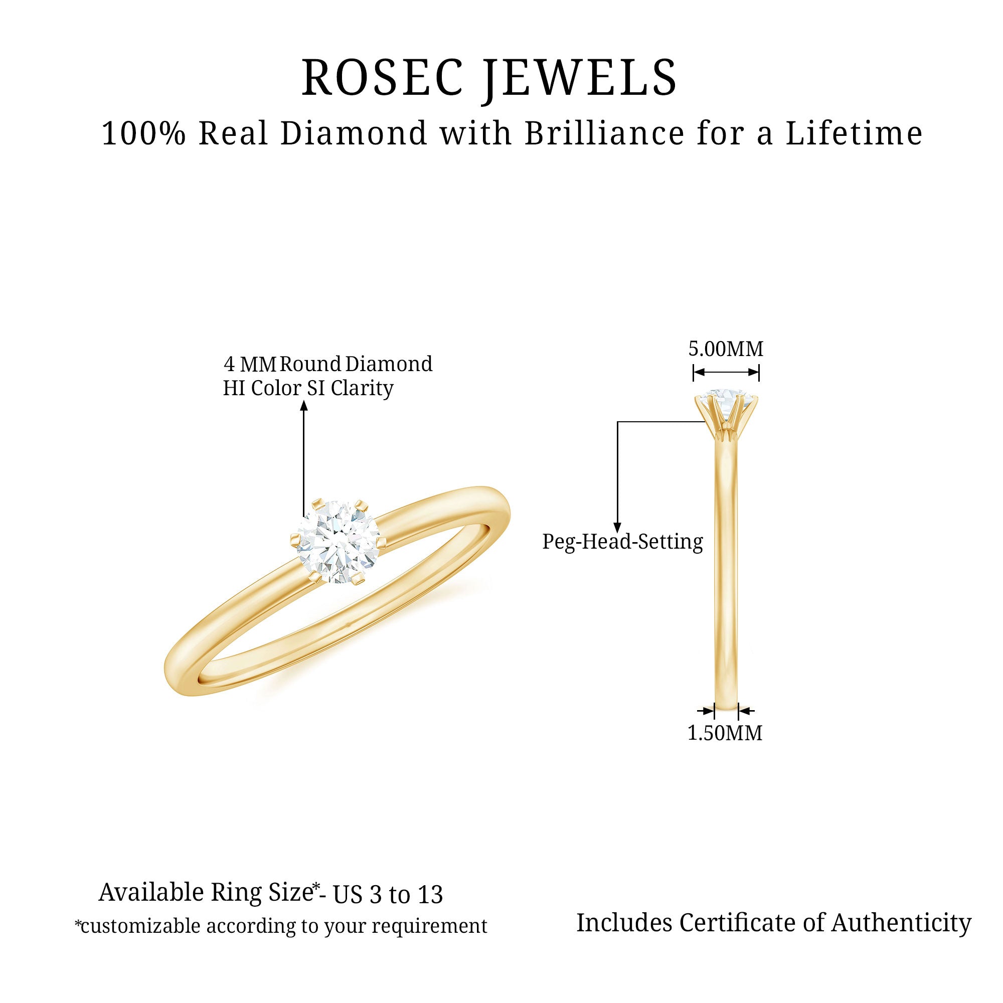 6 Prong Peg Head Set Diamond Solitaire Ring for her Diamond - ( HI-SI ) - Color and Clarity - Rosec Jewels