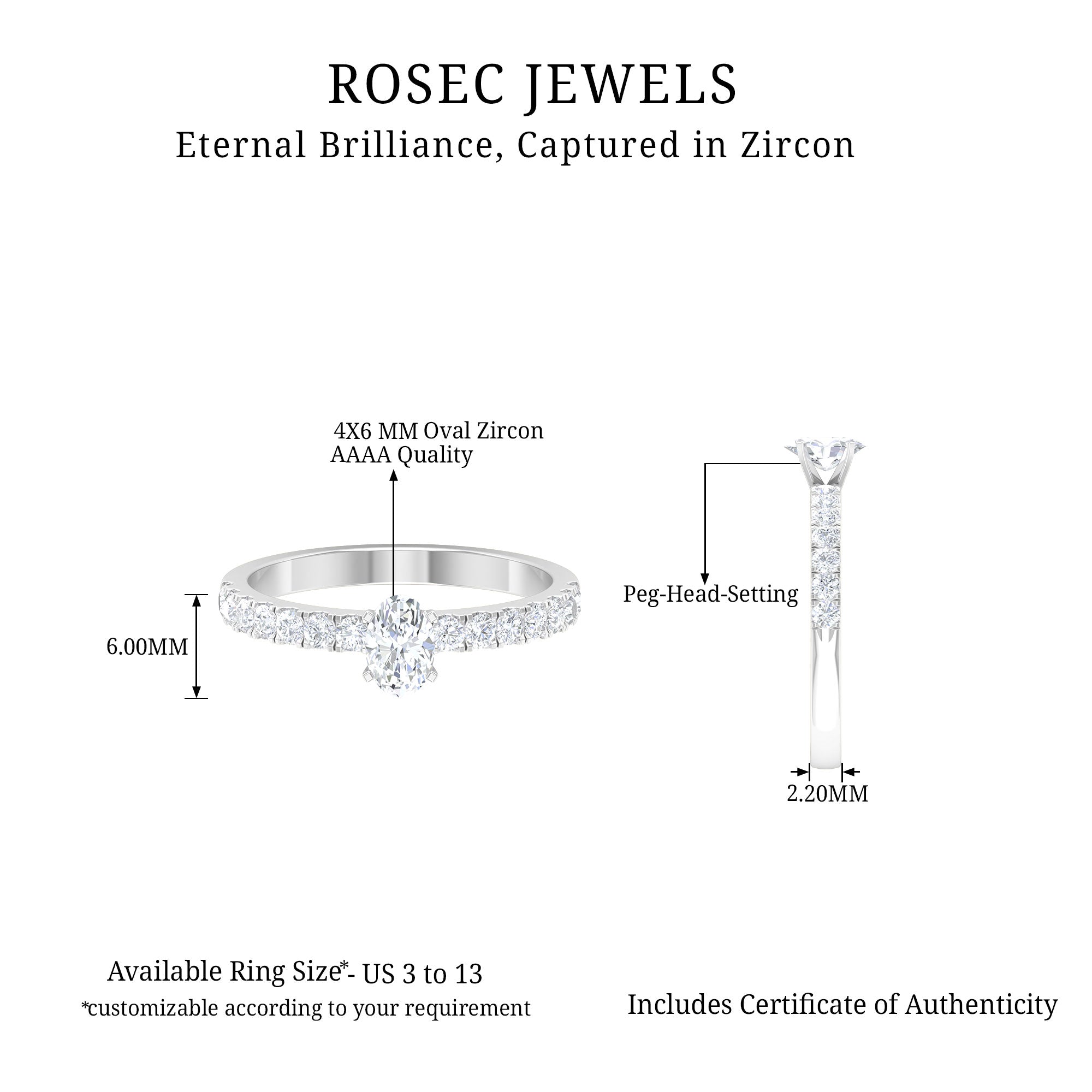 1.25 CT Zircon Solitaire Ring with Side Stones Zircon - ( AAAA ) - Quality - Rosec Jewels