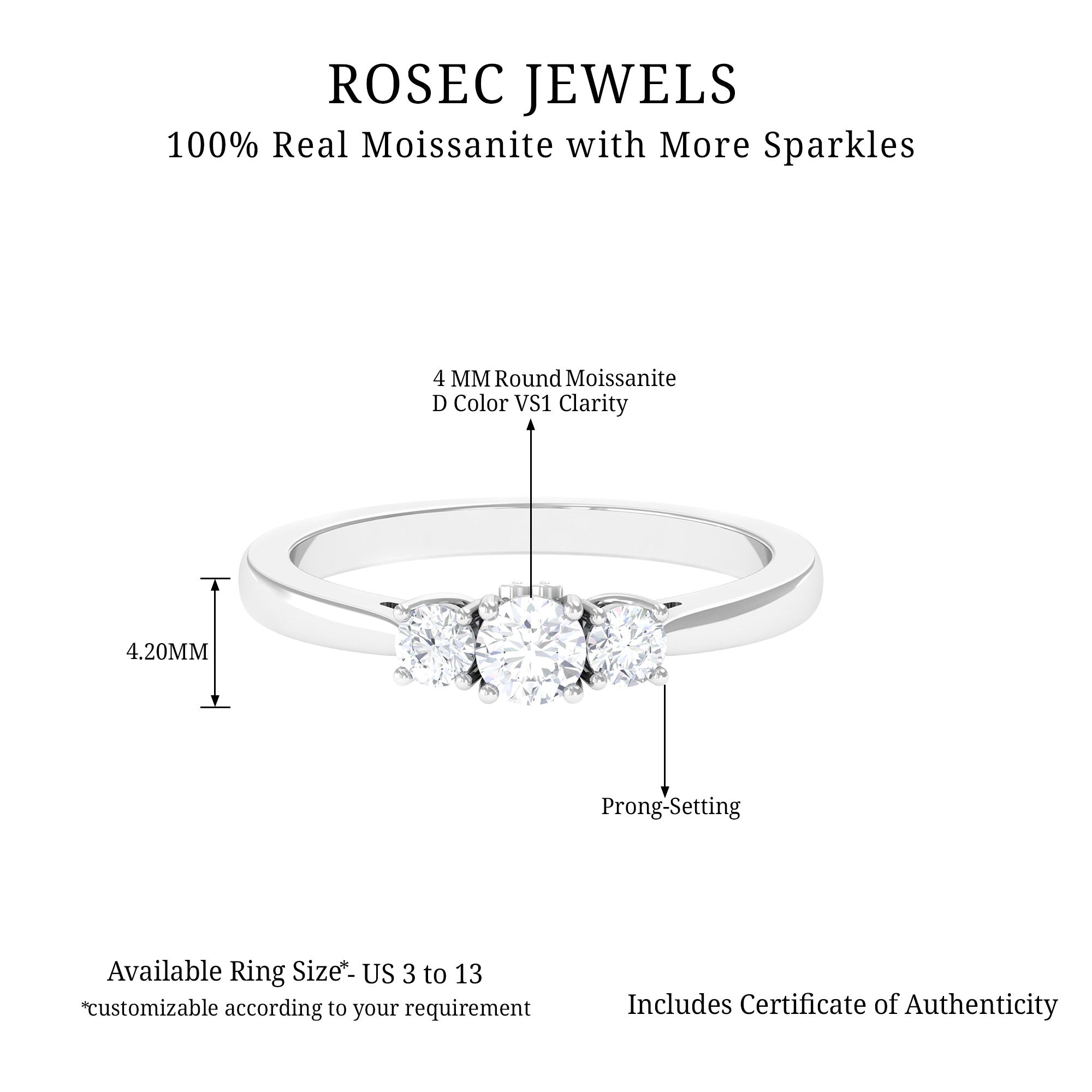 1/2 CT Bright Moissanite 3 Stone Ring for Women Moissanite - ( D-VS1 ) - Color and Clarity - Rosec Jewels