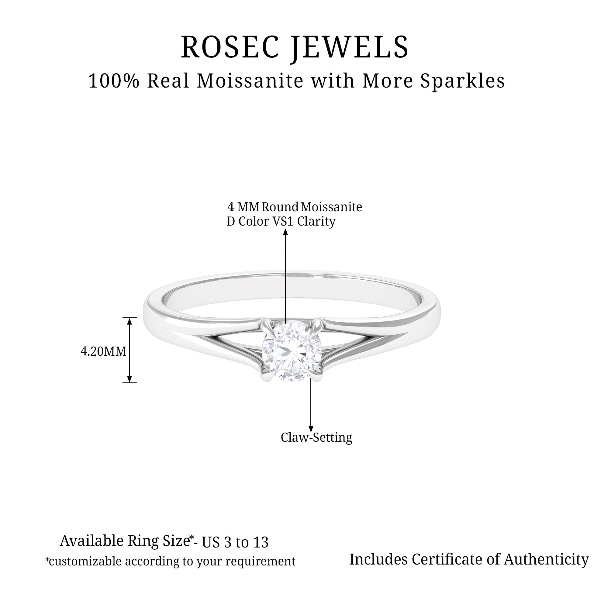 Solitaire Ring with Moissanite in Claw Setting Moissanite - ( D-VS1 ) - Color and Clarity - Rosec Jewels