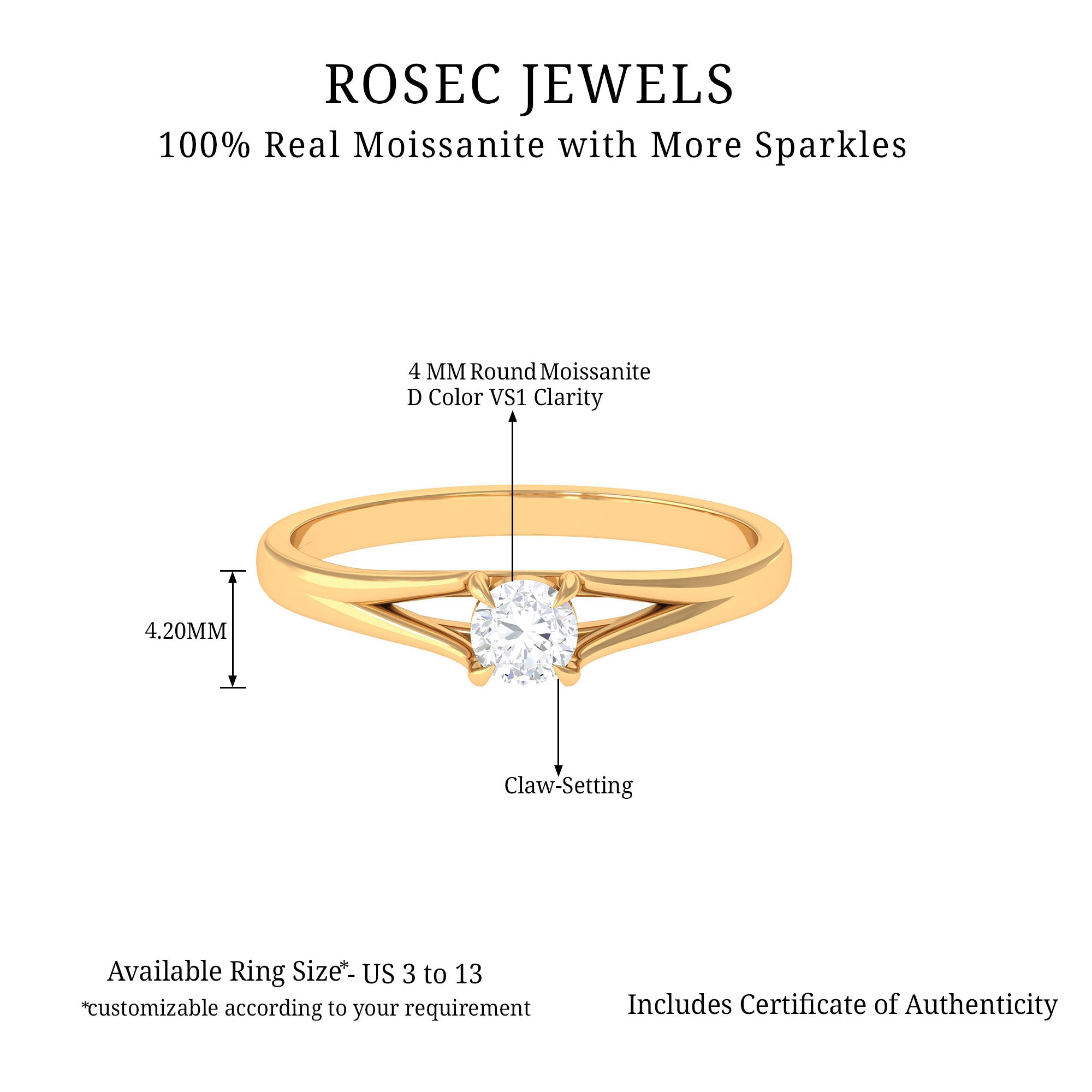 Solitaire Ring with Moissanite in Claw Setting Moissanite - ( D-VS1 ) - Color and Clarity - Rosec Jewels