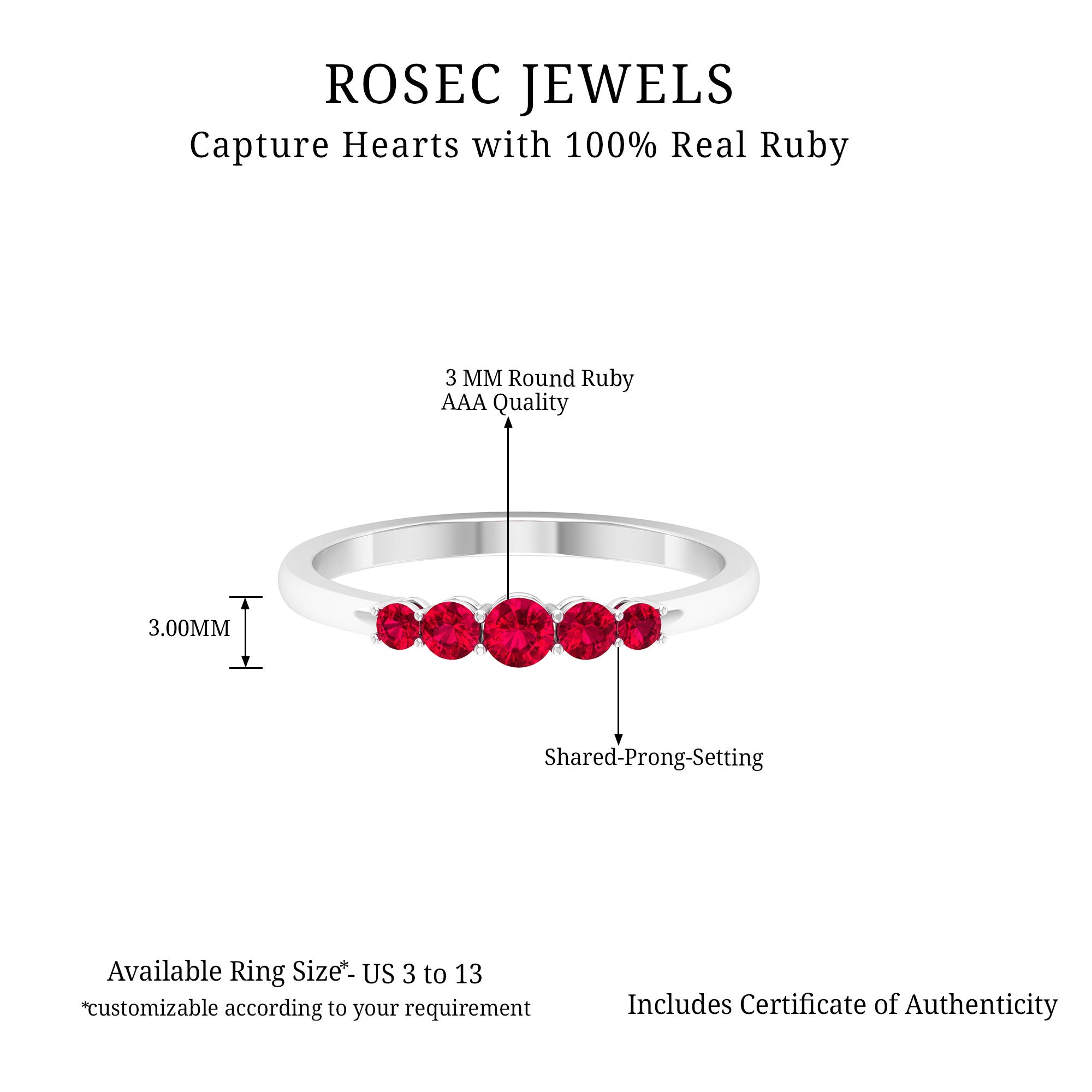 Classic Ruby 5 Stone Graduated Promise Ring in Gold Ruby - ( AAA ) - Quality - Rosec Jewels