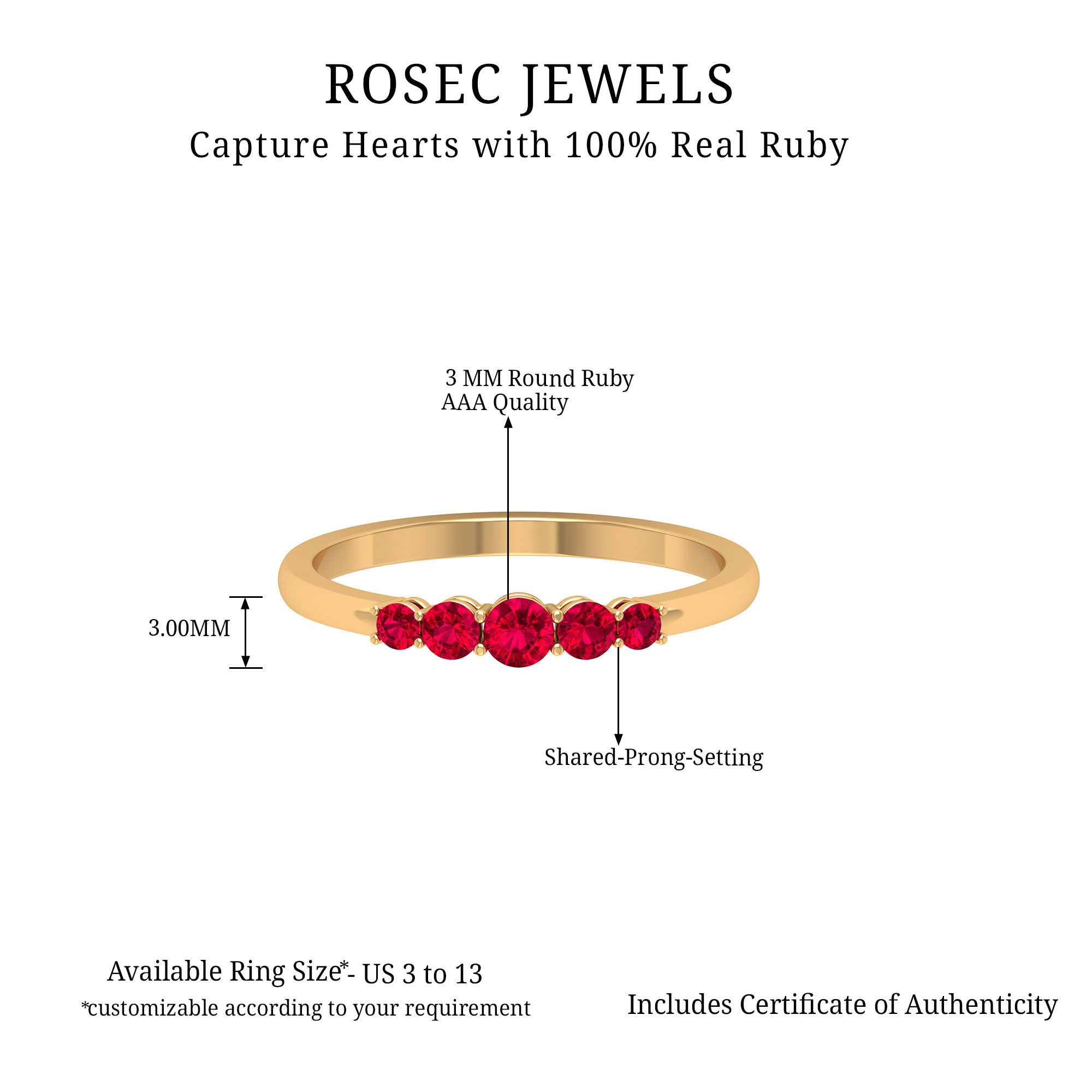 Classic Ruby 5 Stone Graduated Promise Ring in Gold Ruby - ( AAA ) - Quality - Rosec Jewels