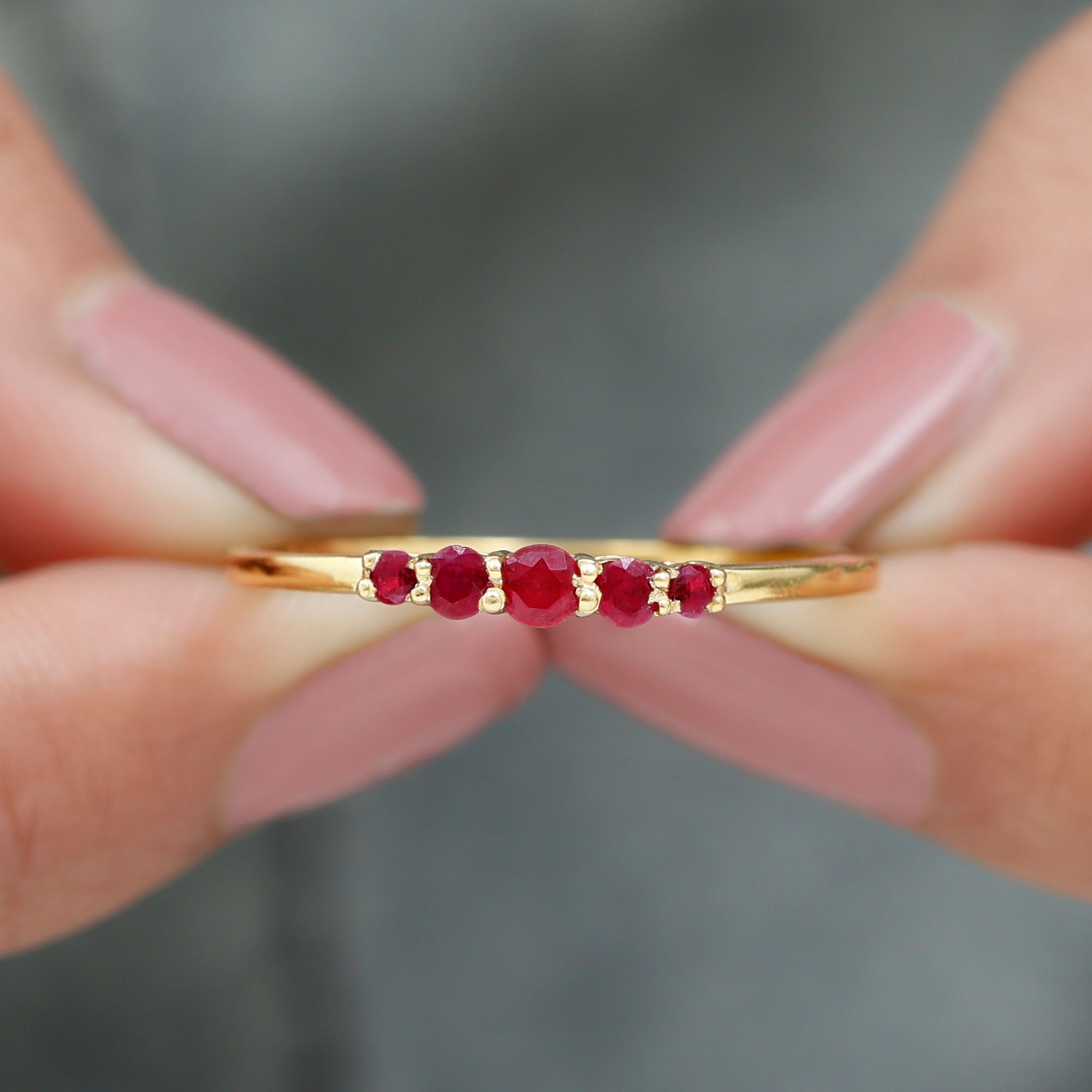 Classic Ruby 5 Stone Graduated Promise Ring in Gold Ruby - ( AAA ) - Quality - Rosec Jewels