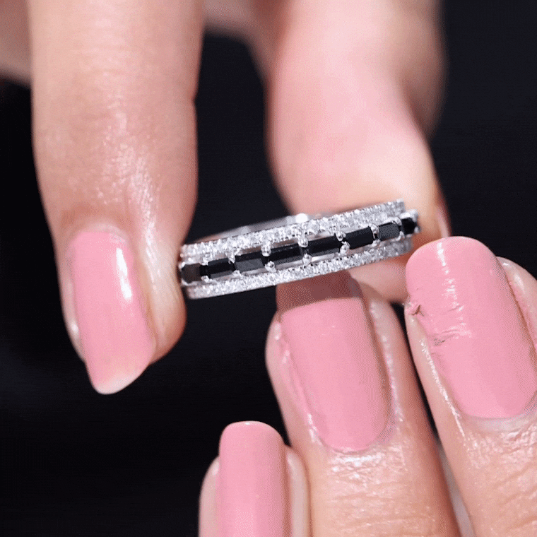 Lab Grown Black Diamond and Moissanite Three Row Wedding Band Lab Created Black Diamond - ( AAAA ) - Quality - Rosec Jewels