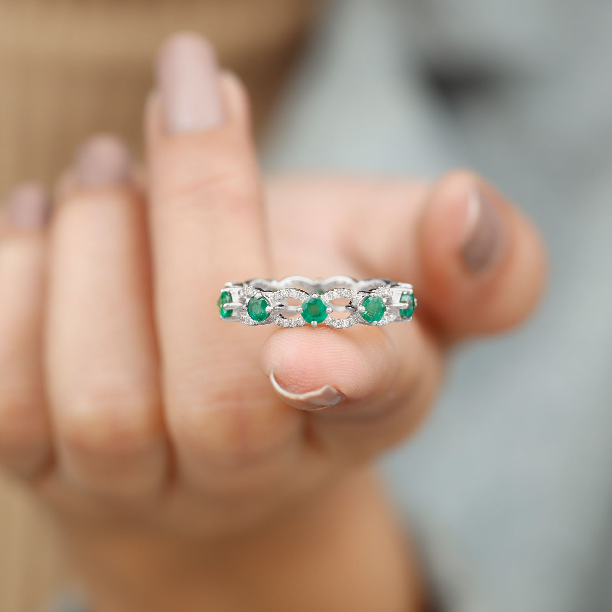 Created Emerald and Diamond Designer Eternity Band Lab Created Emerald - ( AAAA ) - Quality - Rosec Jewels
