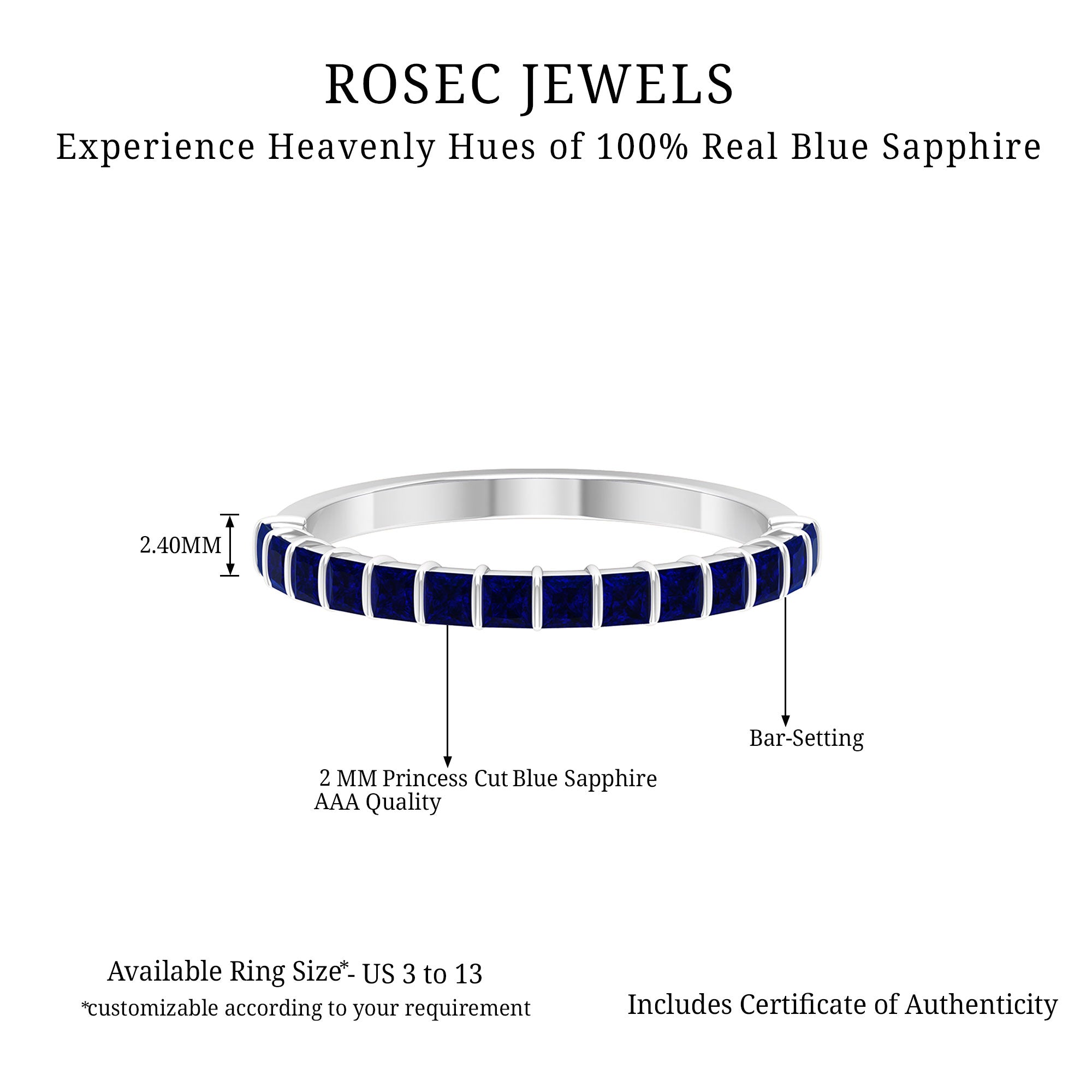 3/4 CT Princess Cut Blue Sapphire Semi Eternity Ring Blue Sapphire - ( AAA ) - Quality - Rosec Jewels