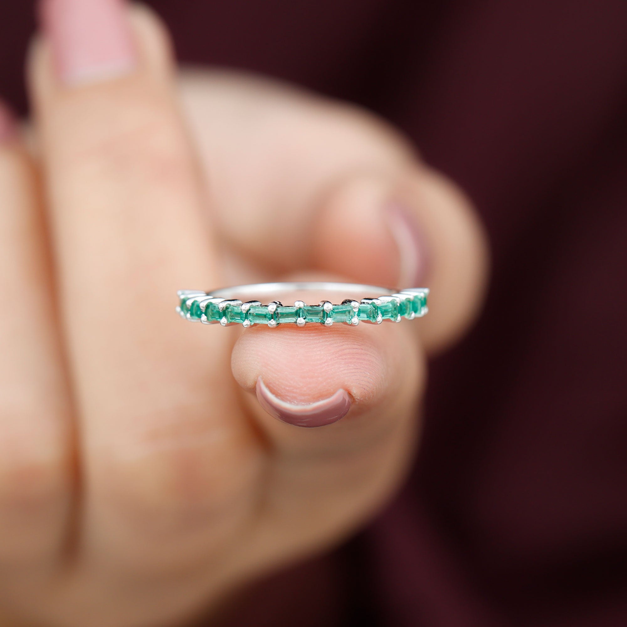 Baguette Cut Lab Grown Emerald Stackable Ring Lab Created Emerald - ( AAAA ) - Quality - Rosec Jewels