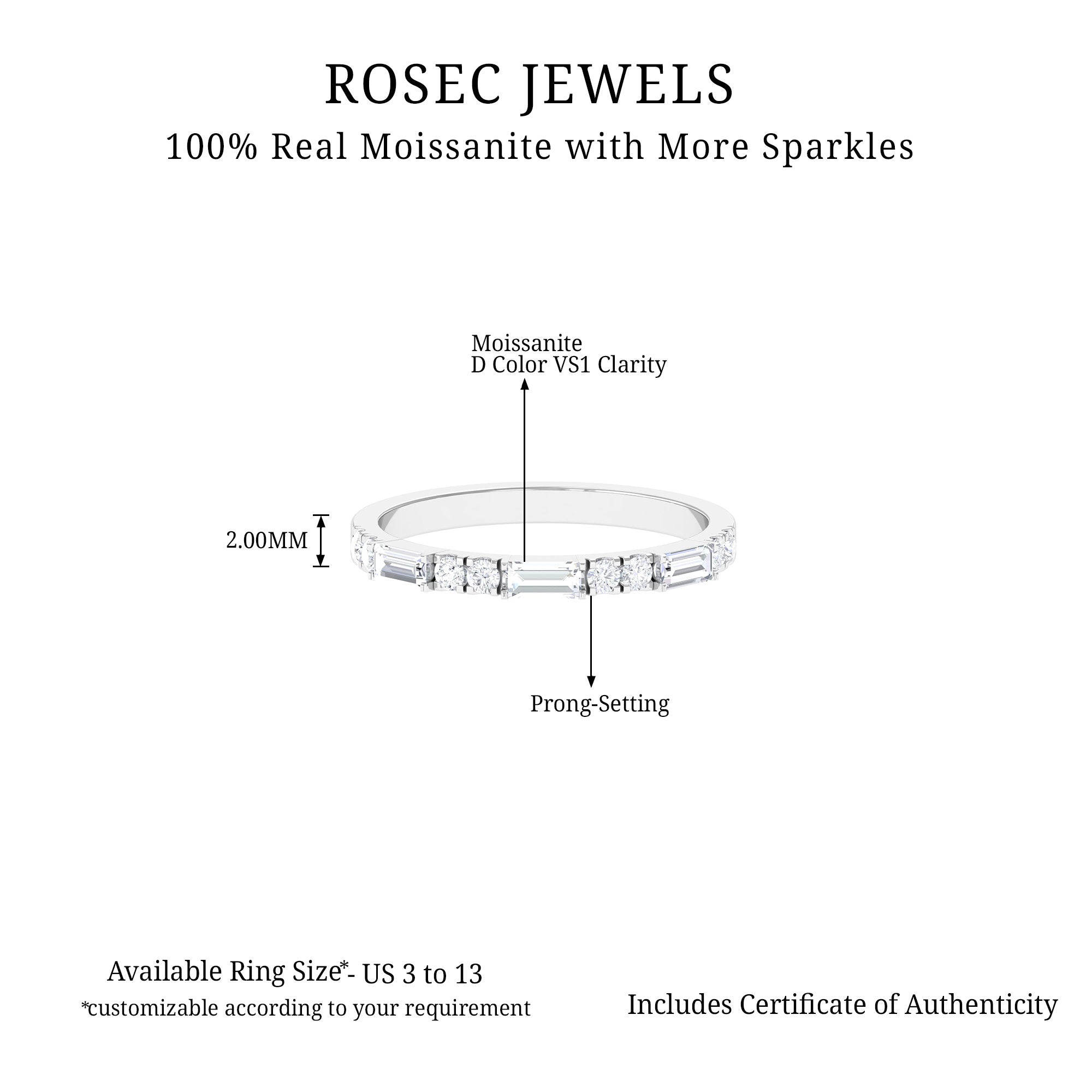 0.25 CT Baguette and Round Cut Moissanite Stackable Ring Moissanite - ( D-VS1 ) - Color and Clarity 92.5 Sterling Silver 8.5 - Rosec Jewels