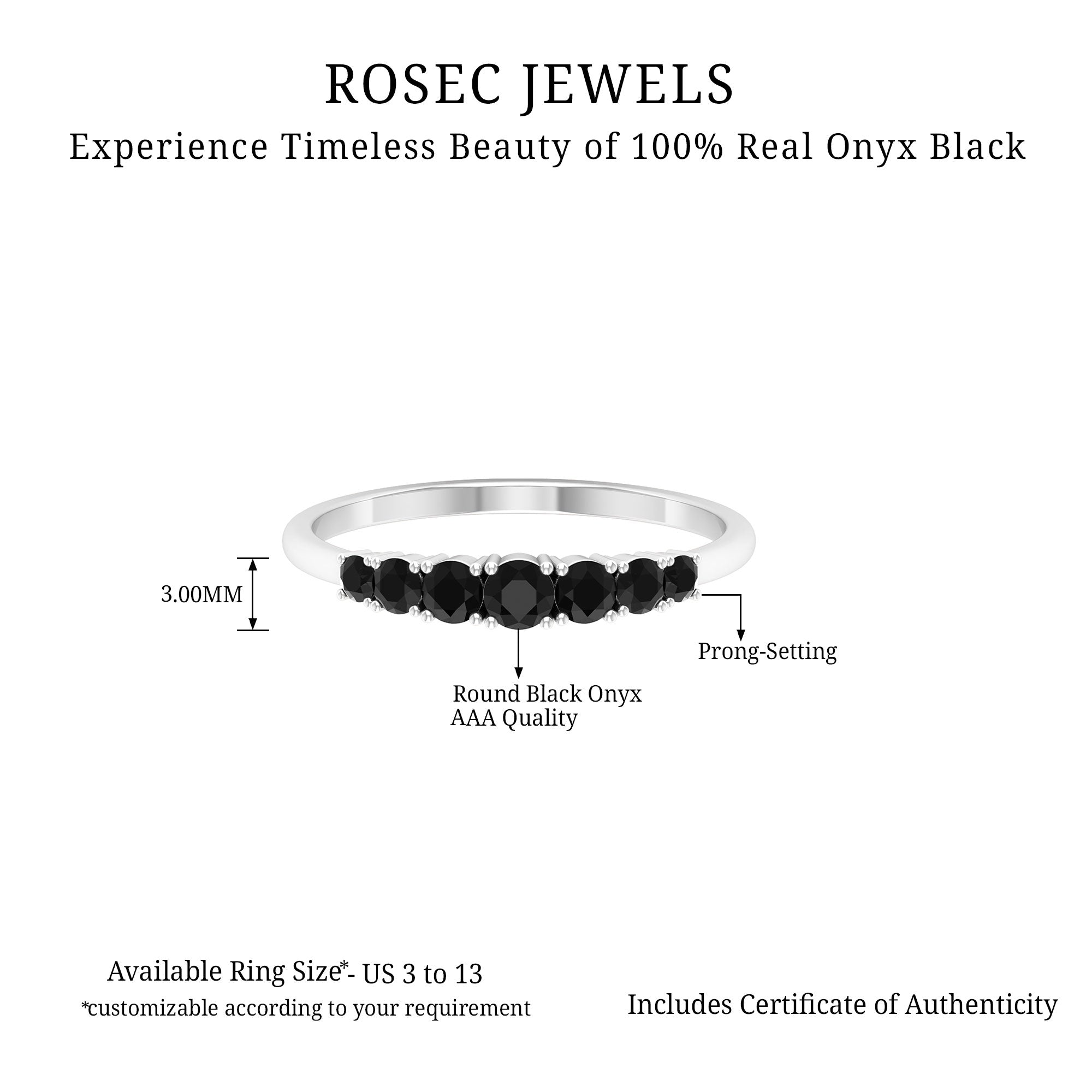 1/2 CT Graduated Style Black Onyx Seven Stone Band Ring in 4 Prong Setting Black Onyx - ( AAA ) - Quality - Rosec Jewels