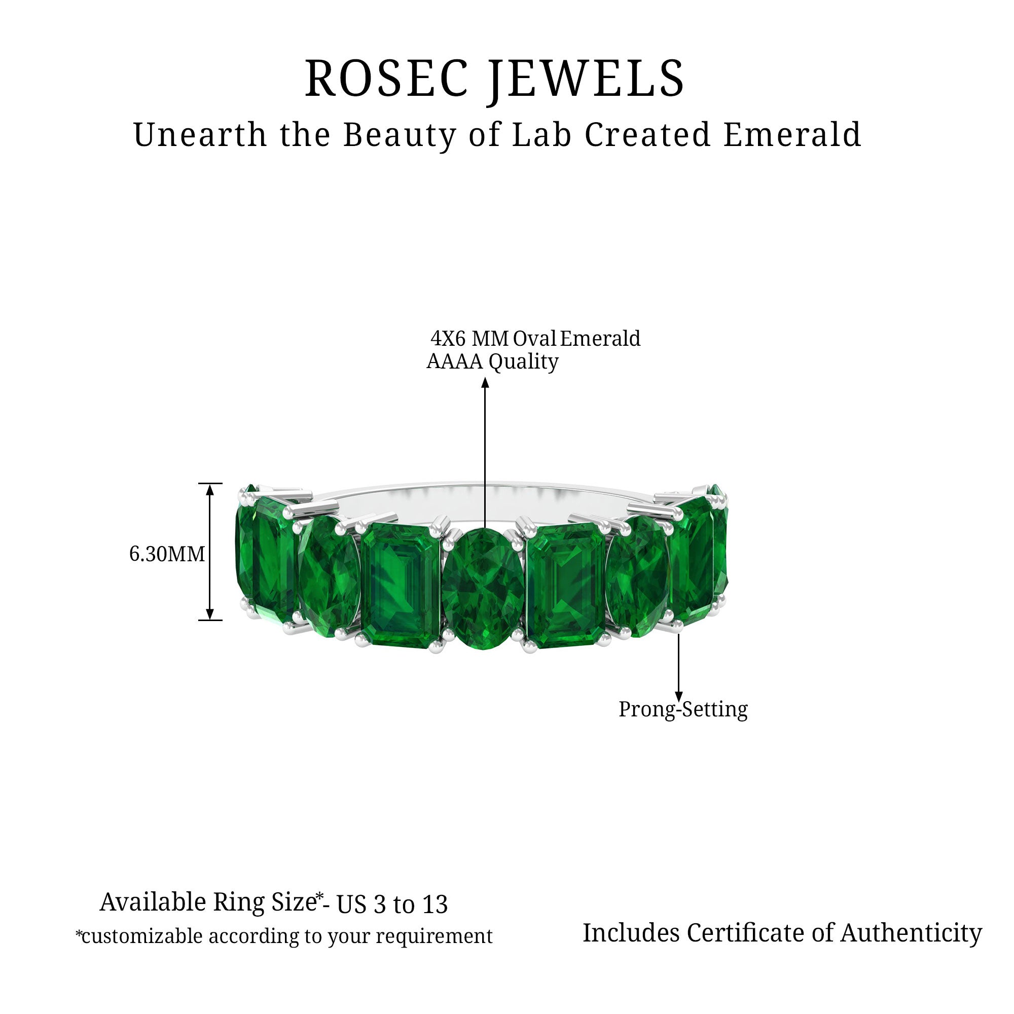 Emerald and Oval Lab Grown Emerald Half Eternity Ring Lab Created Emerald - ( AAAA ) - Quality 92.5 Sterling Silver 8 - Rosec Jewels